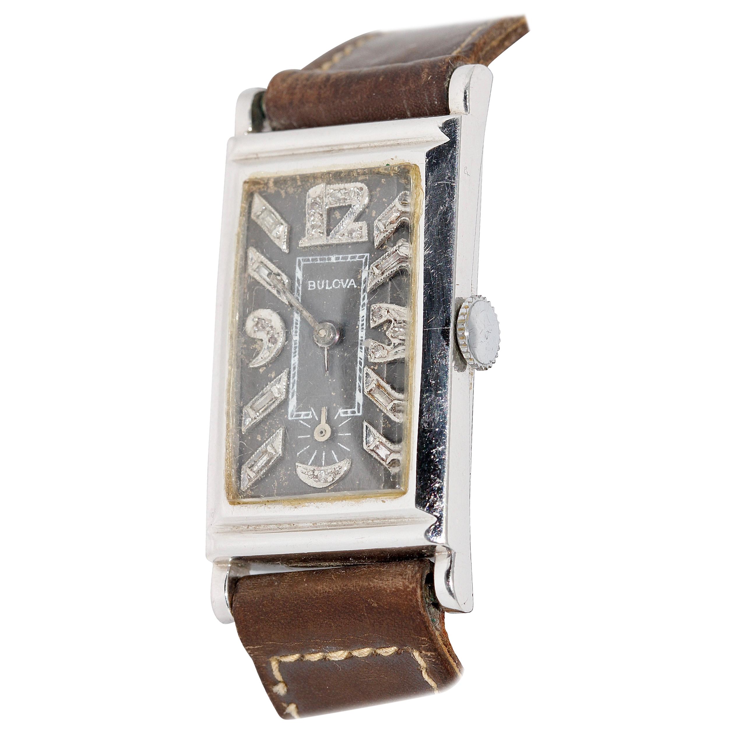 Art Deco Bulova USA Watch Co. Platinum Doctors Wristwatch with Diamond Dial For Sale