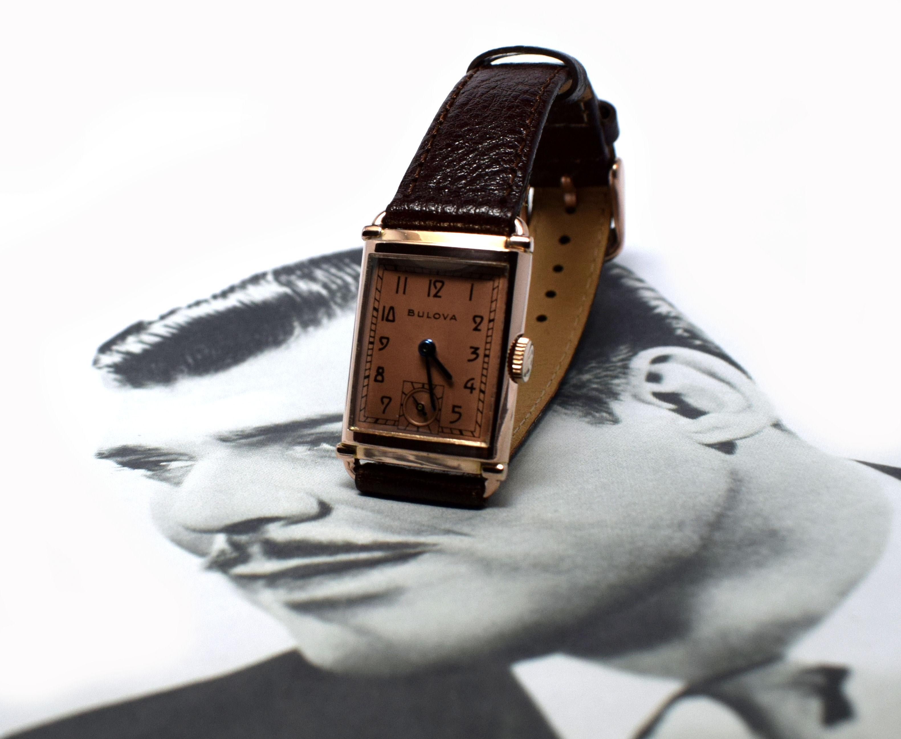 Art Deco Bulova WW2 14 Karat Gold, 21 Jewels, Gents Wrist Watch, Newly Serviced 7