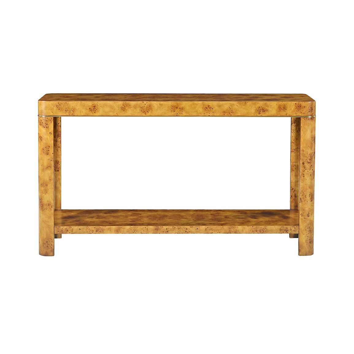Featuring a minimalist rectangular silhouette, this table is crafted with exquisite golden mappa burl wood veneer that highlights its rich texture and warm tones. The addition of a lower shelf provides both style and functionality, offering ample