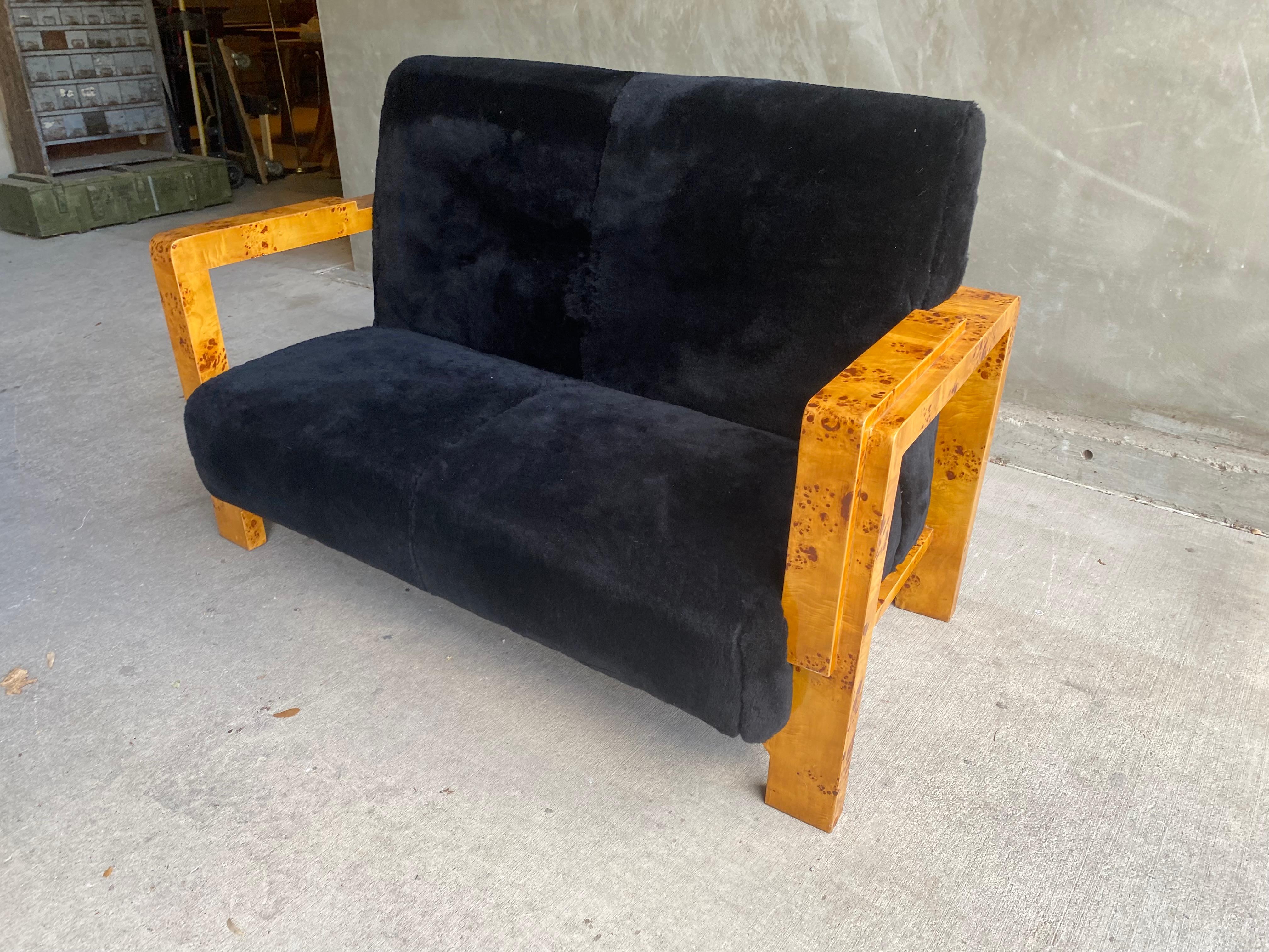 Art Deco Burl Settee in Black Shearling, Two Available 6
