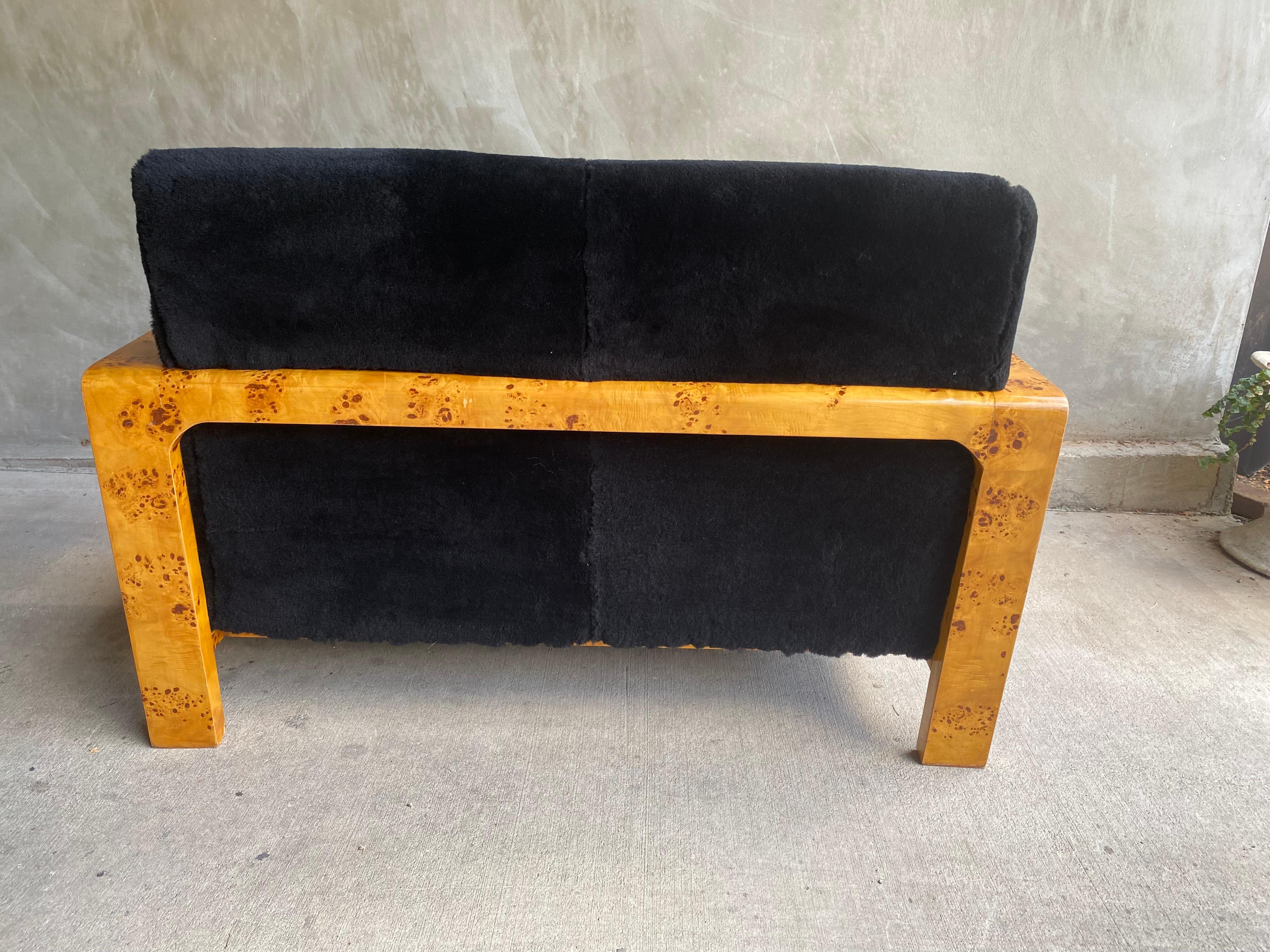 Art Deco Burl Settee in Black Shearling, Two Available 12