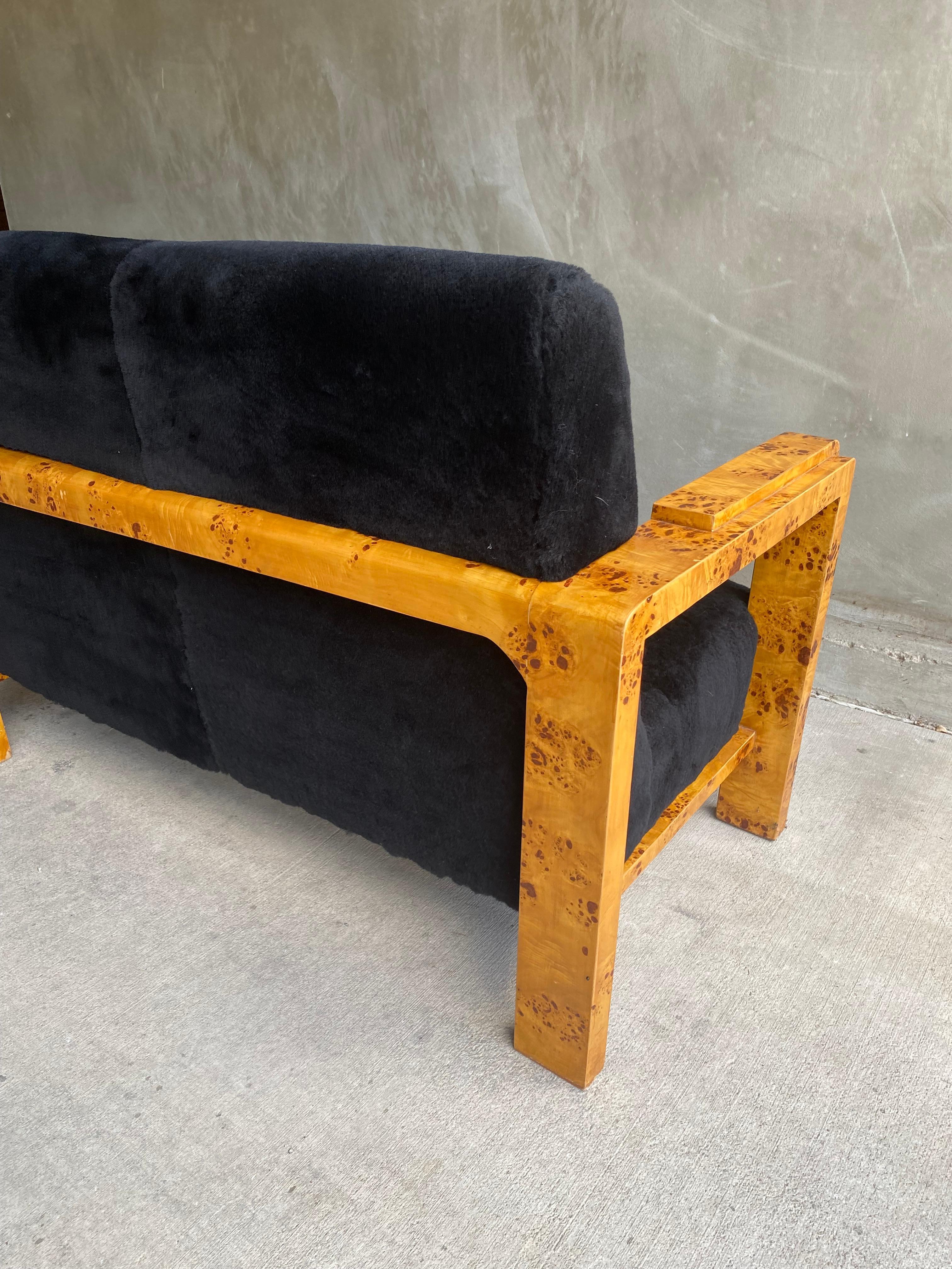 Art Deco Burl Settee in Black Shearling, Two Available 13