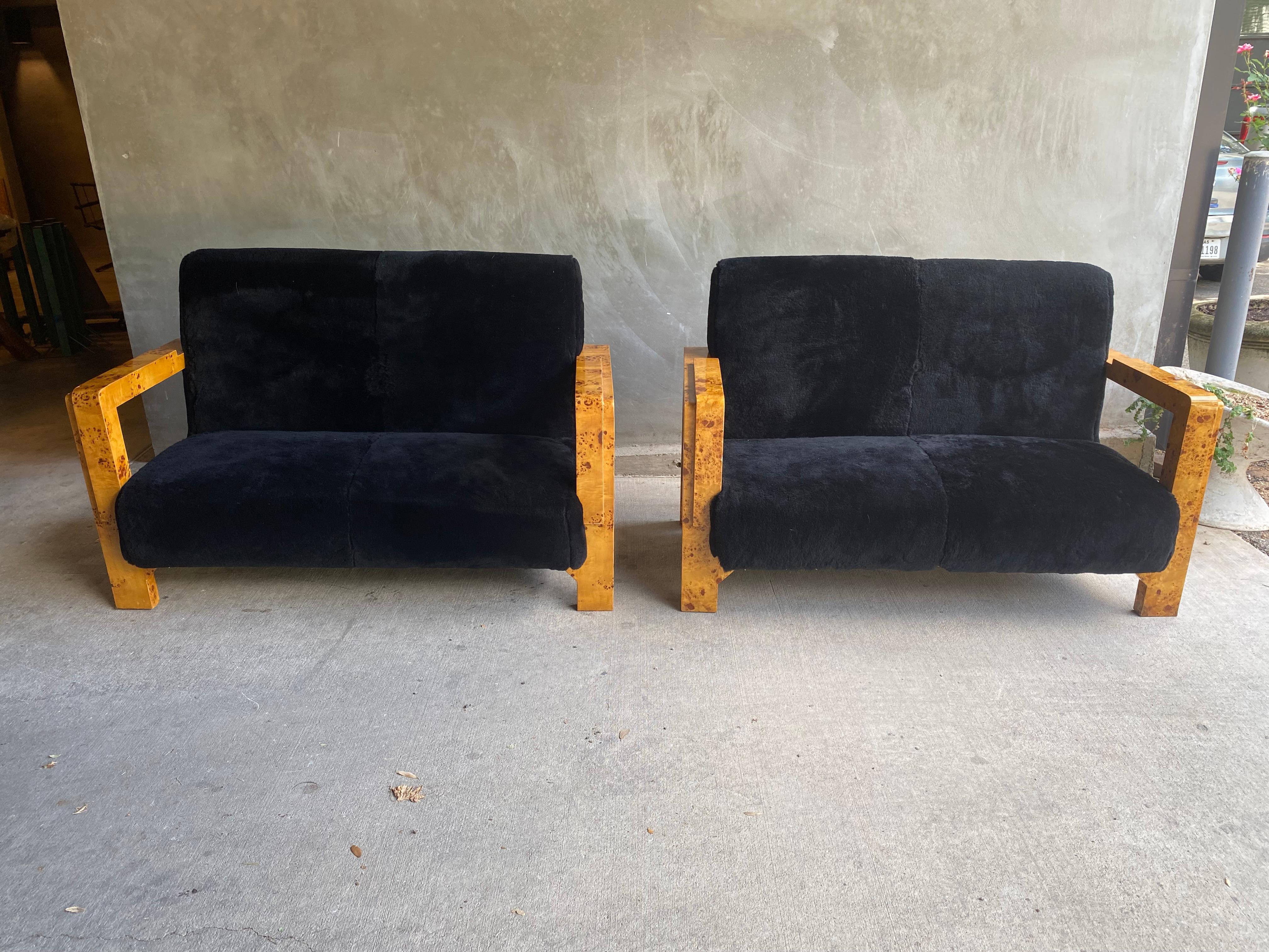 Art Deco settee, loveseat or bench with burled olive wood frame from 1920-1930, newly upholstered in luxurious black shearling (sheepskin) hides. Two available, sold separately.