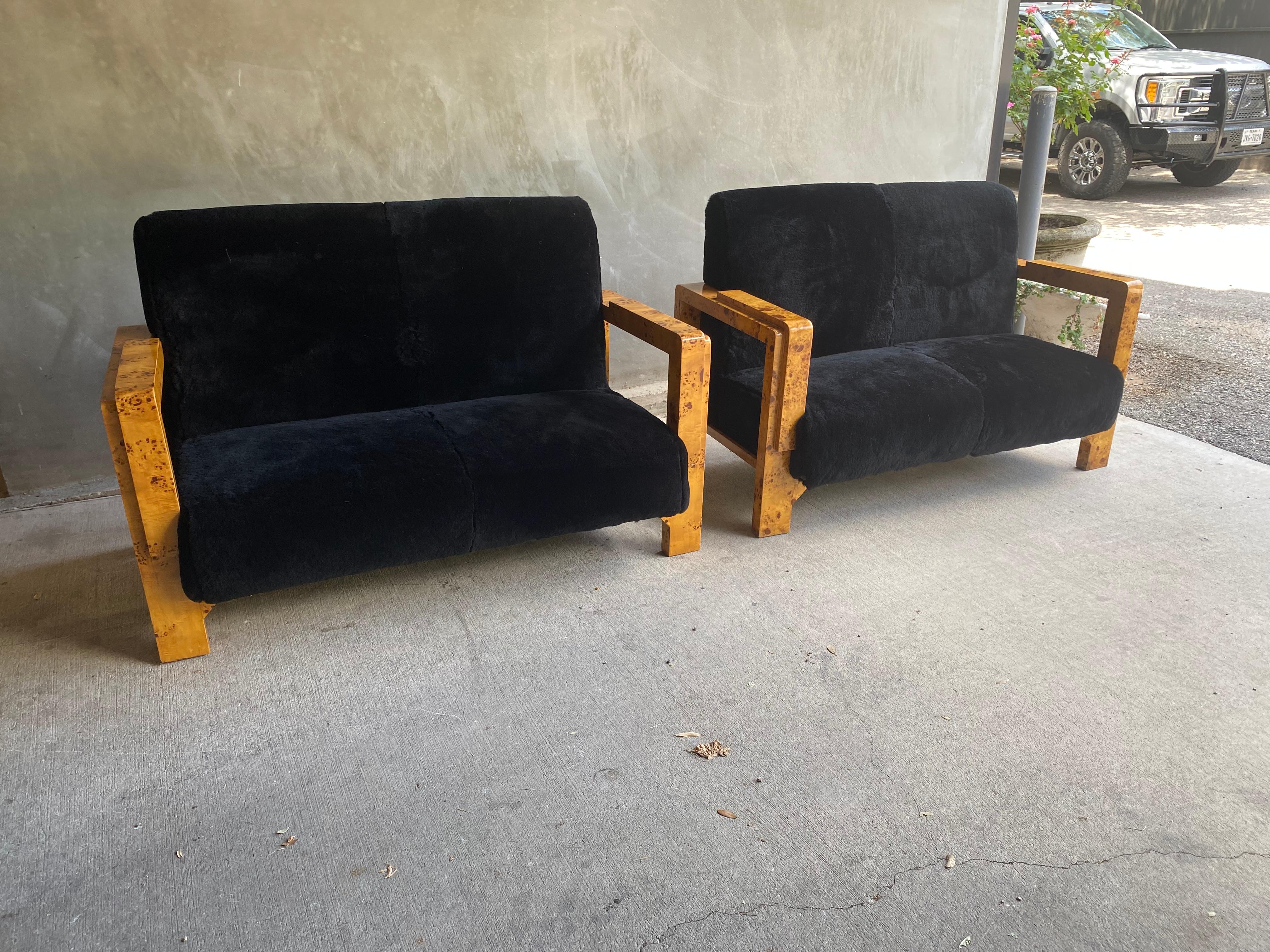 Art Deco Burl Settee in Black Shearling, Two Available In Good Condition In Austin, TX