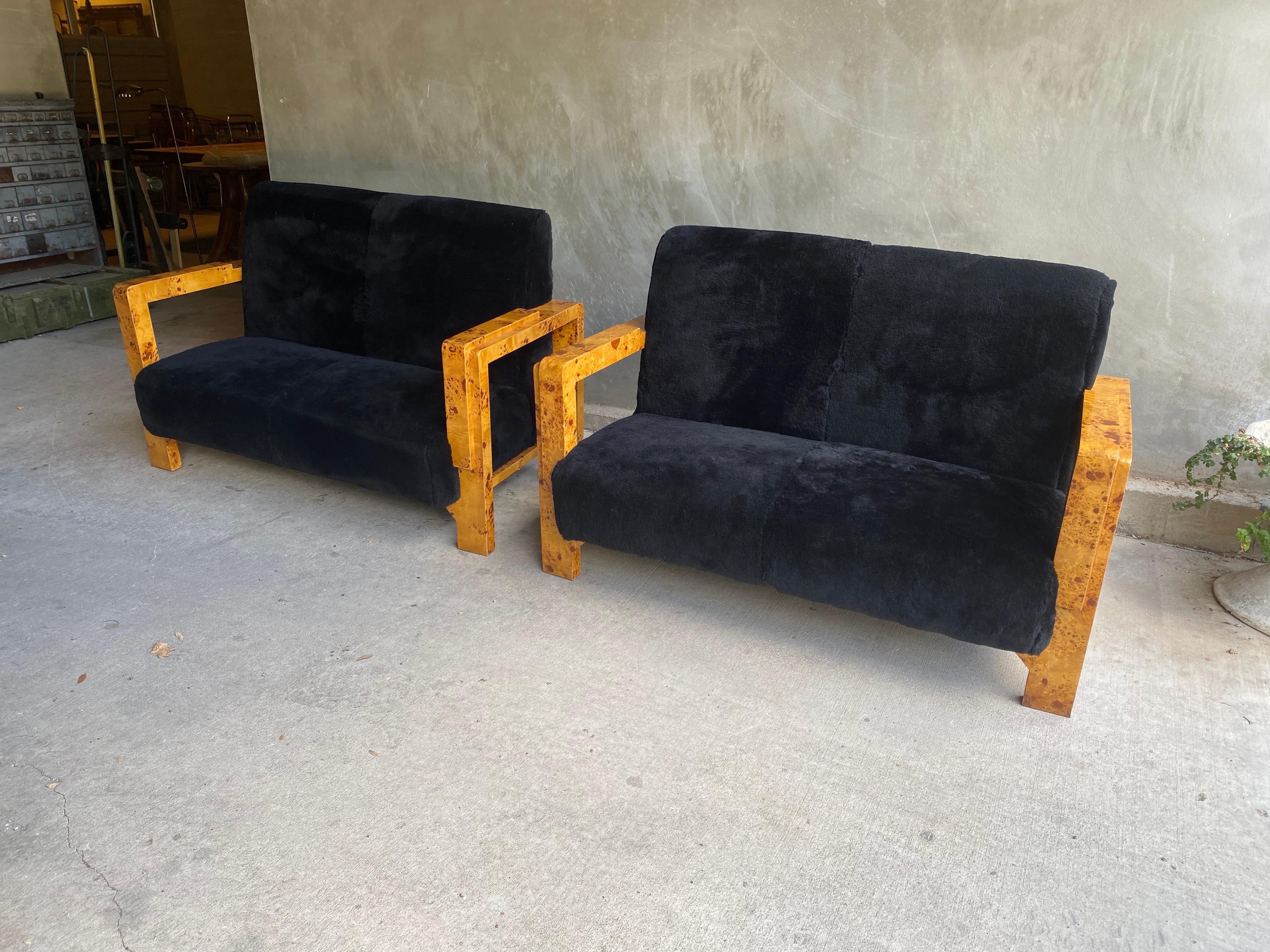 Early 20th Century Art Deco Burl Settee in Black Shearling, Two Available