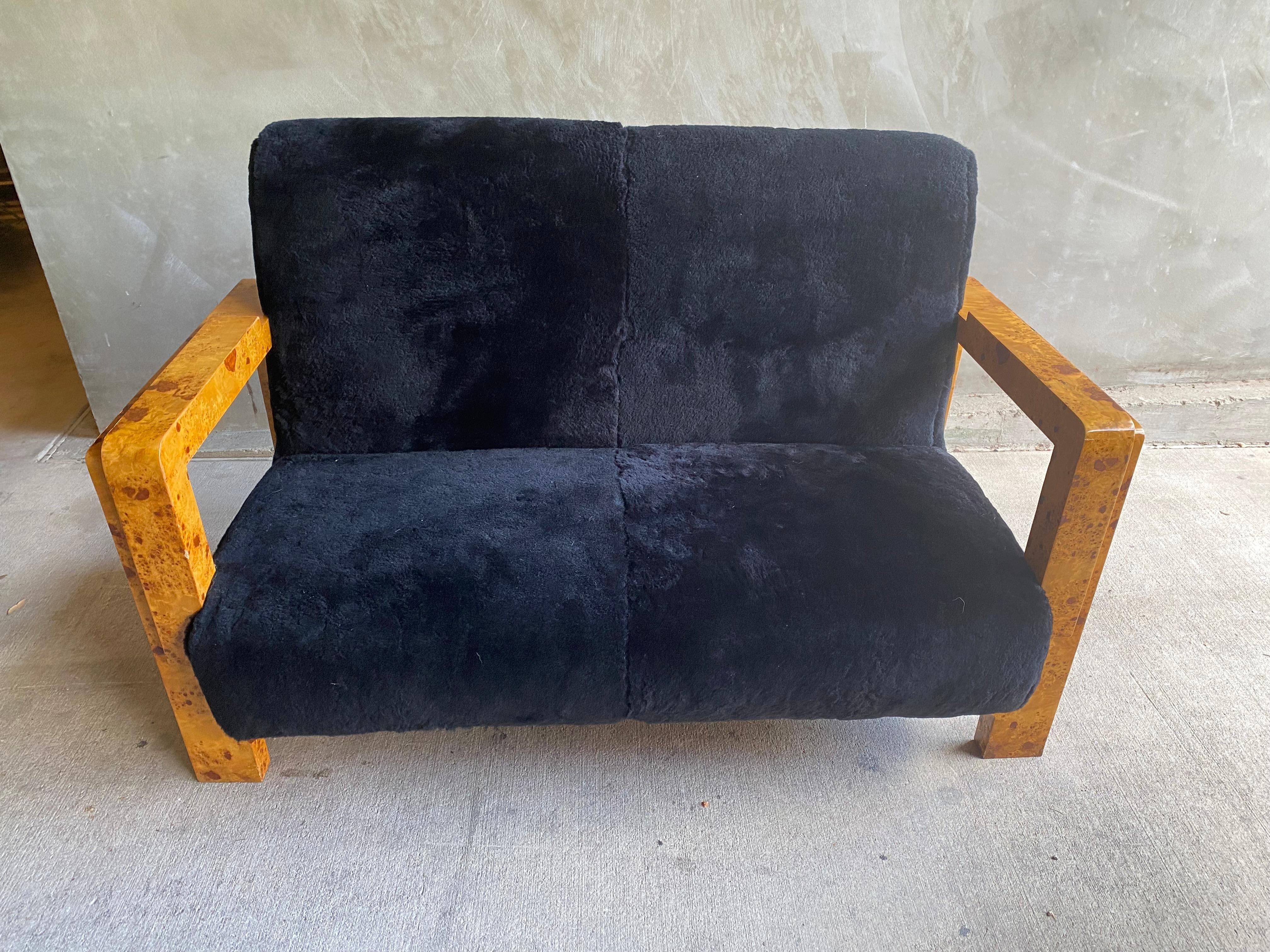 Art Deco Burl Settee in Black Shearling, Two Available 1