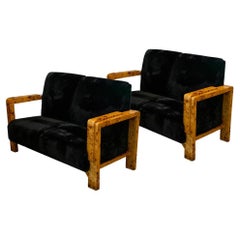 Art Deco Burl Settee in Black Shearling, Two Available
