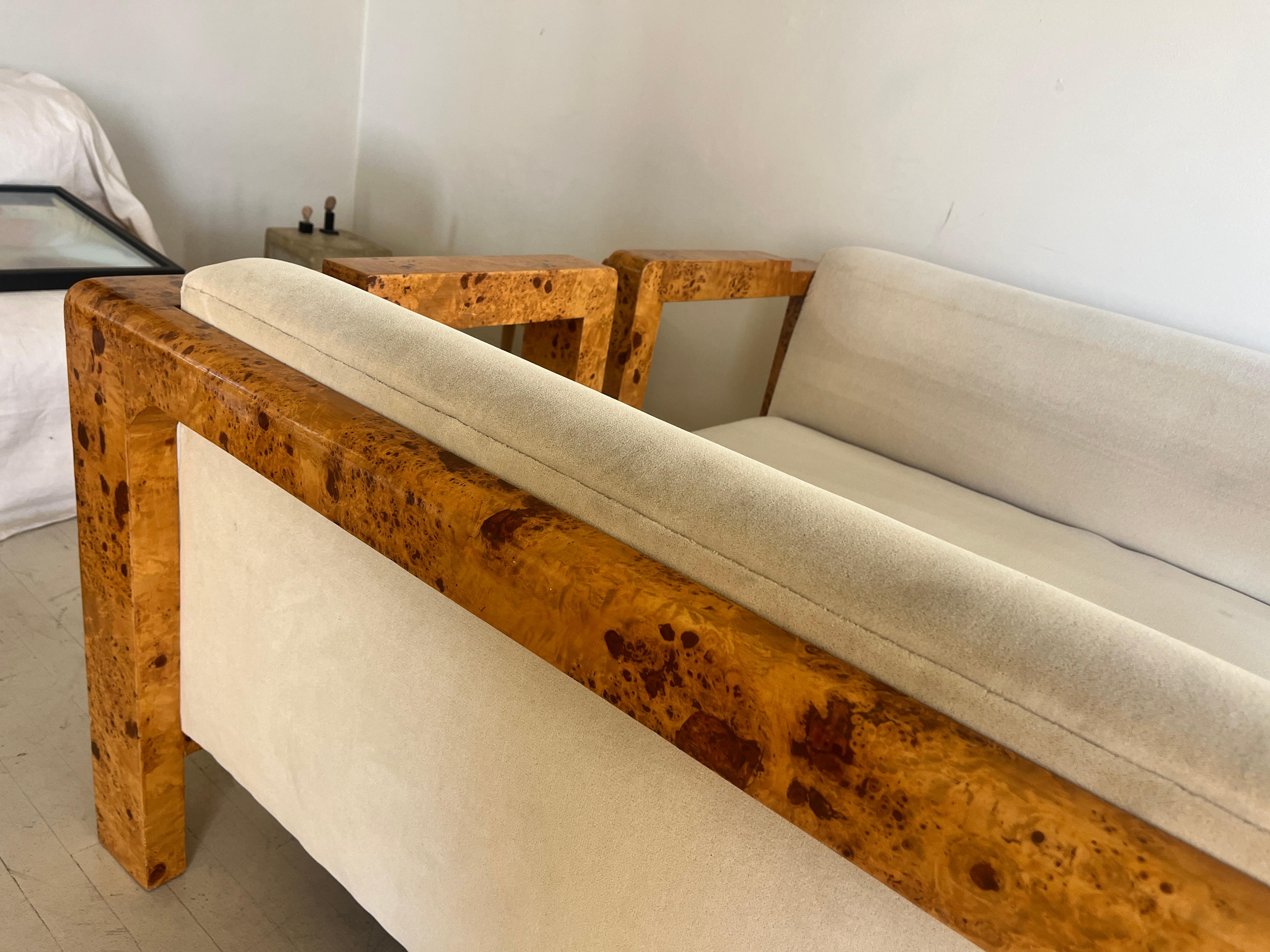 Art Deco Burl Settee in Cream Mohair, Two Available For Sale 6