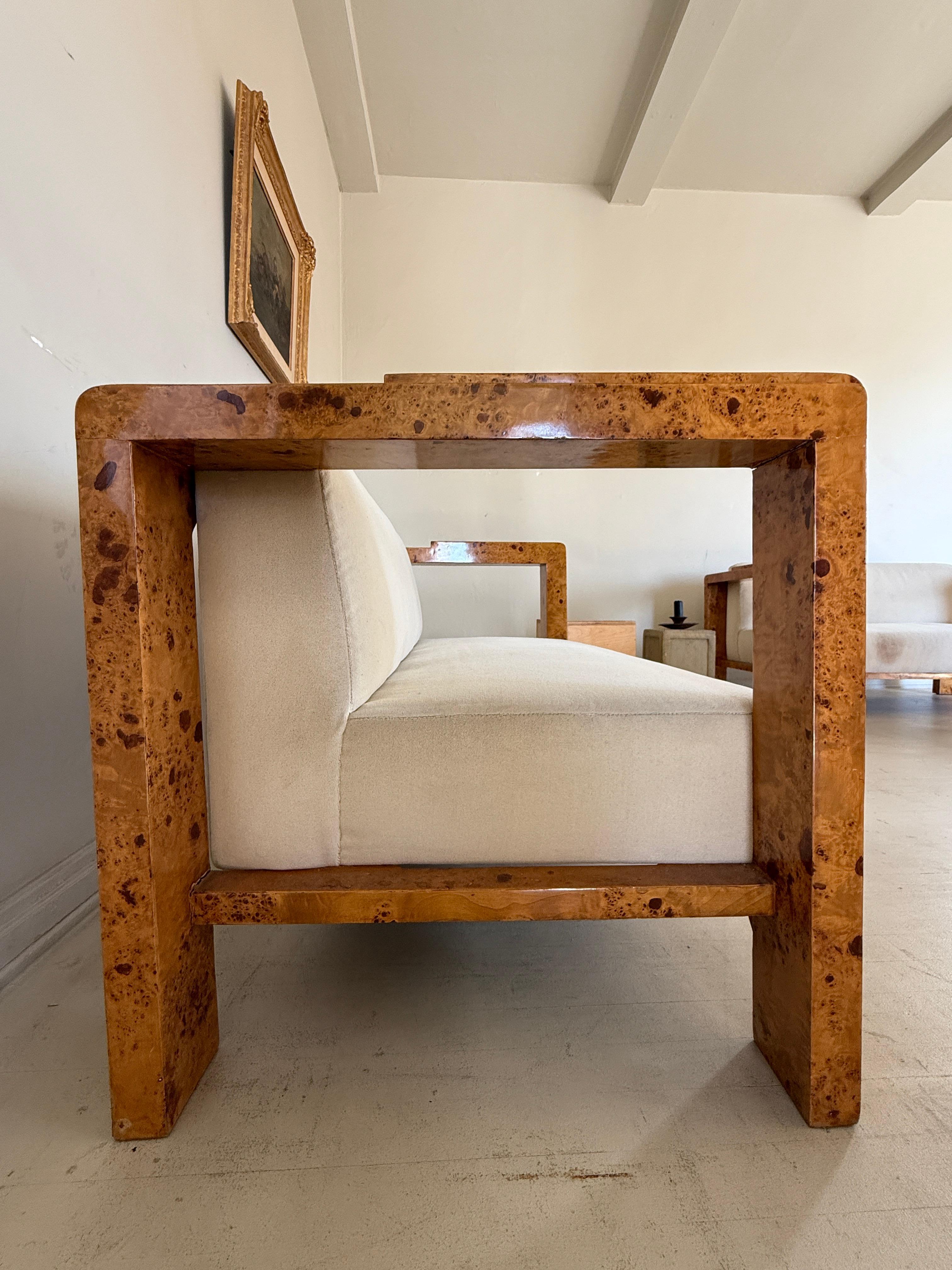 Art Deco Burl Settee in Cream Mohair, Two Available In Good Condition For Sale In Los Angeles, CA