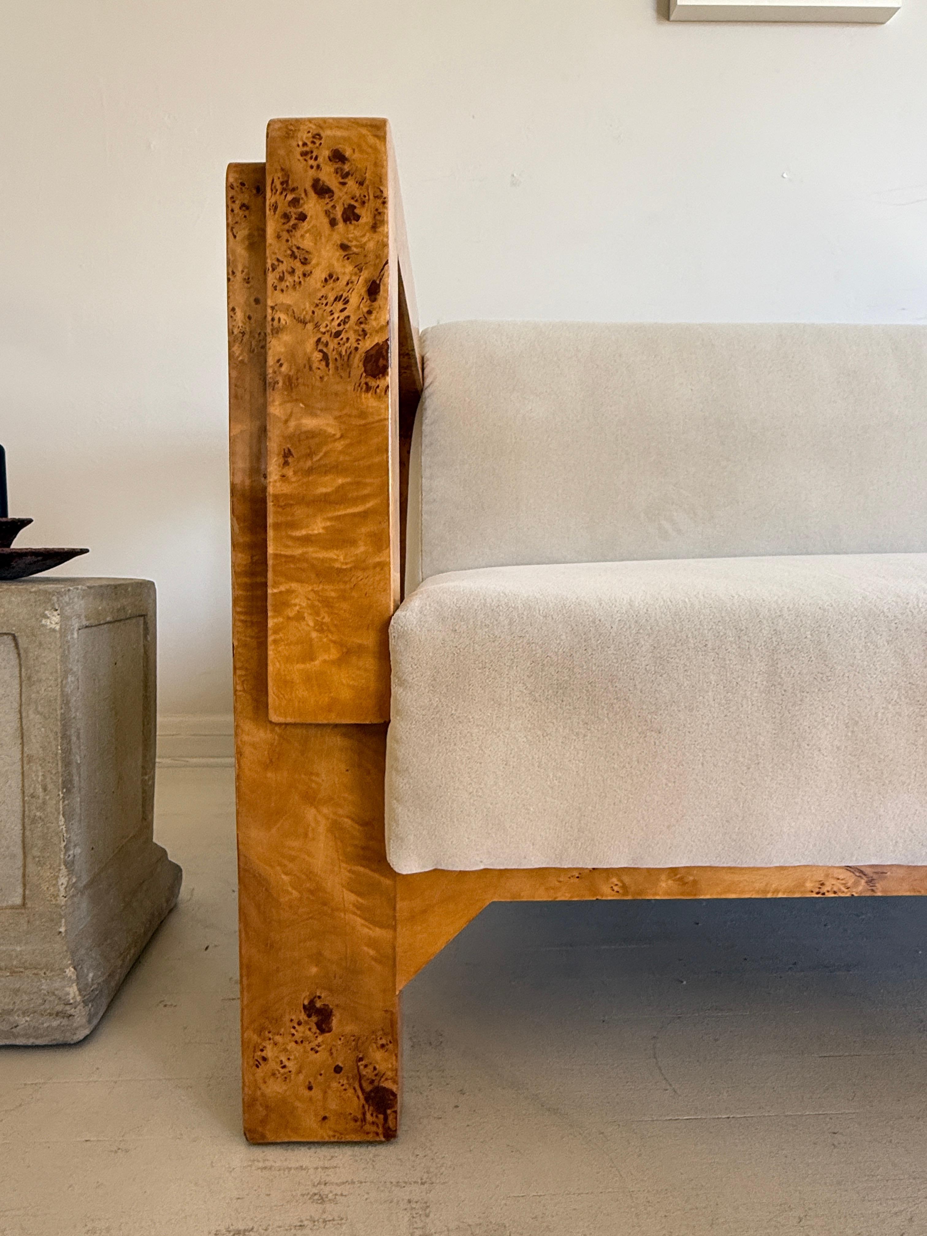 20th Century Art Deco Burl Settee in Cream Mohair, Two Available For Sale