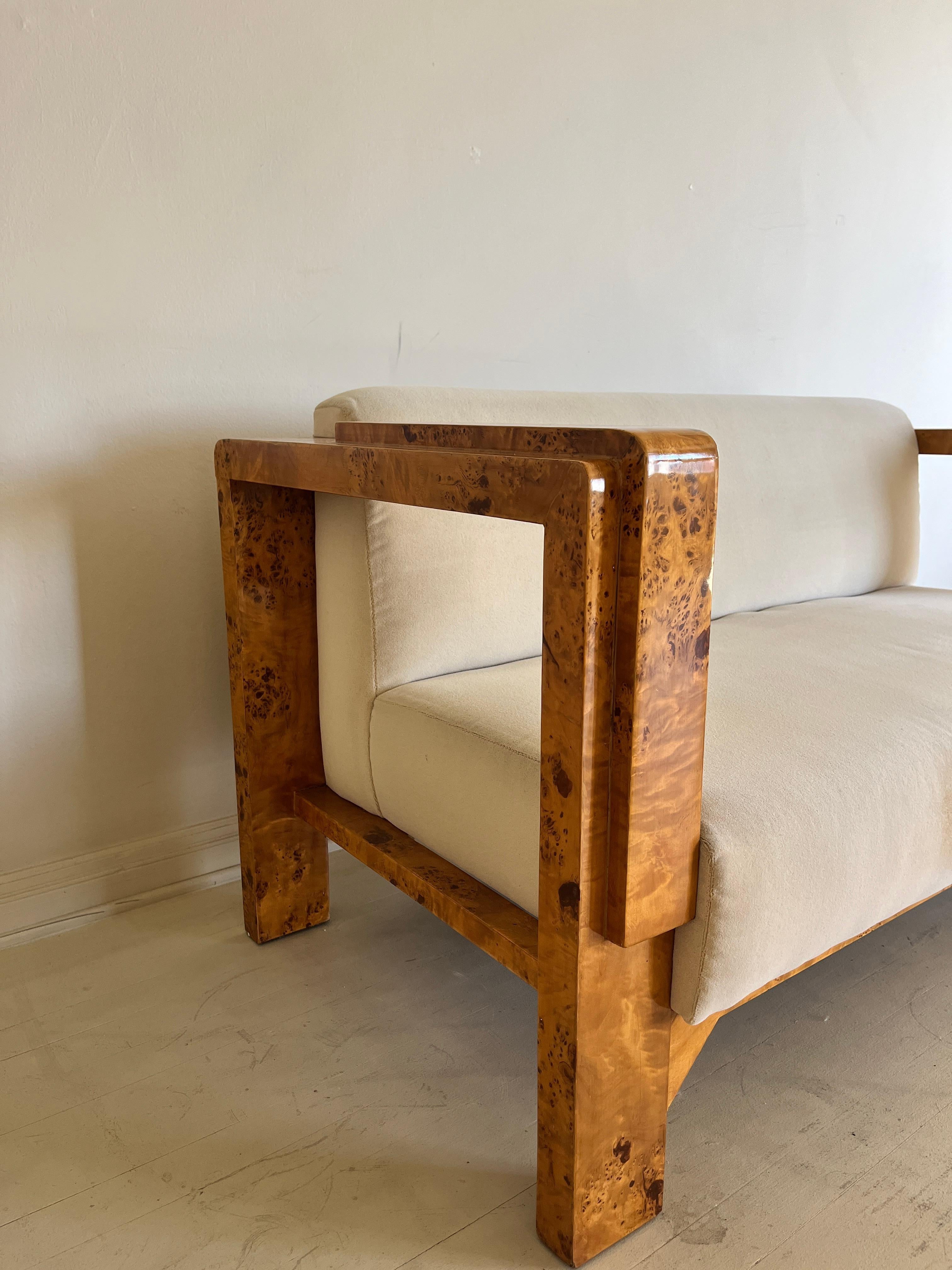 Art Deco Burl Settee in Cream Mohair, Two Available For Sale 1