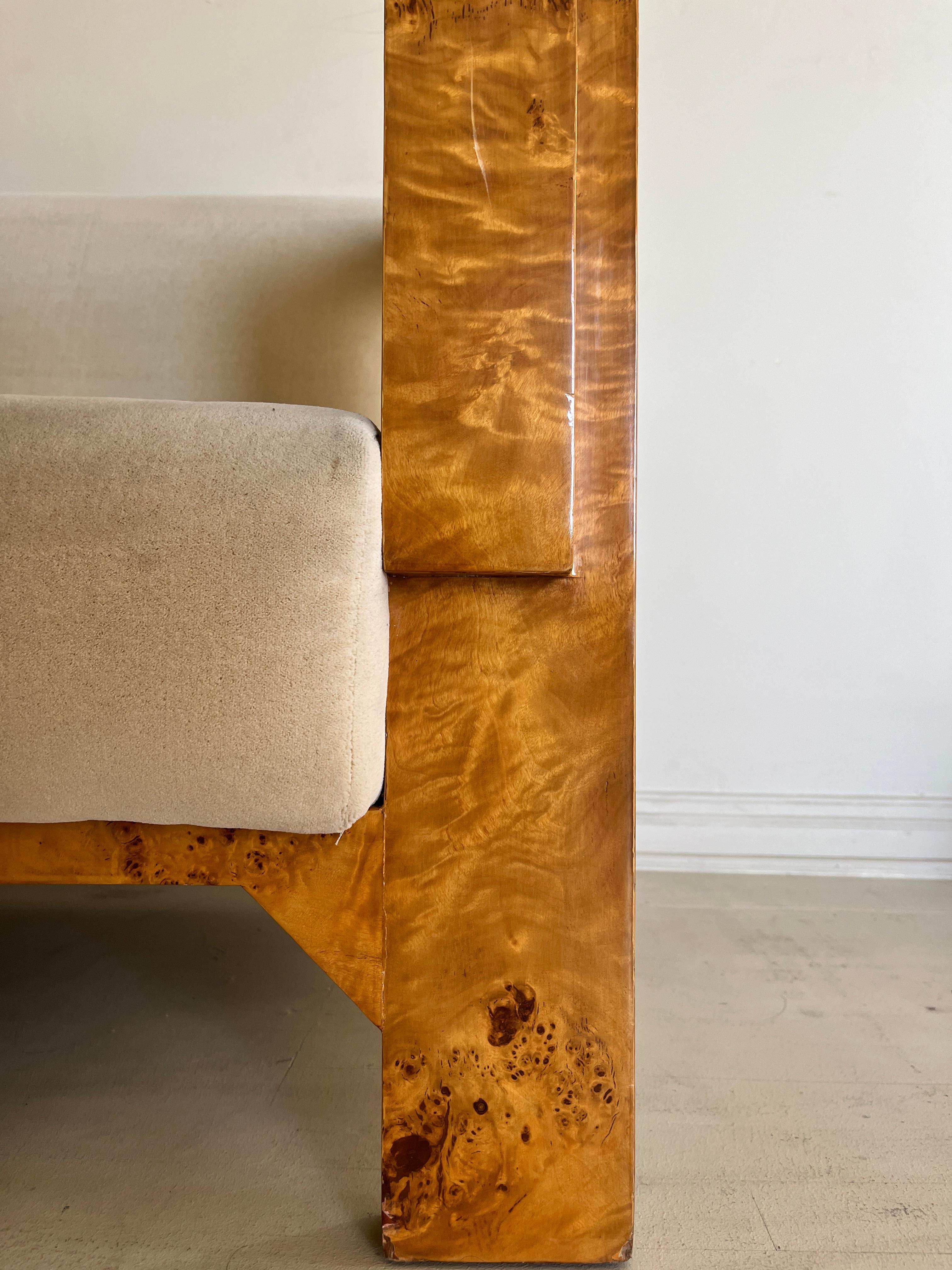Art Deco Burl Settee in Cream Mohair, Two Available For Sale 2