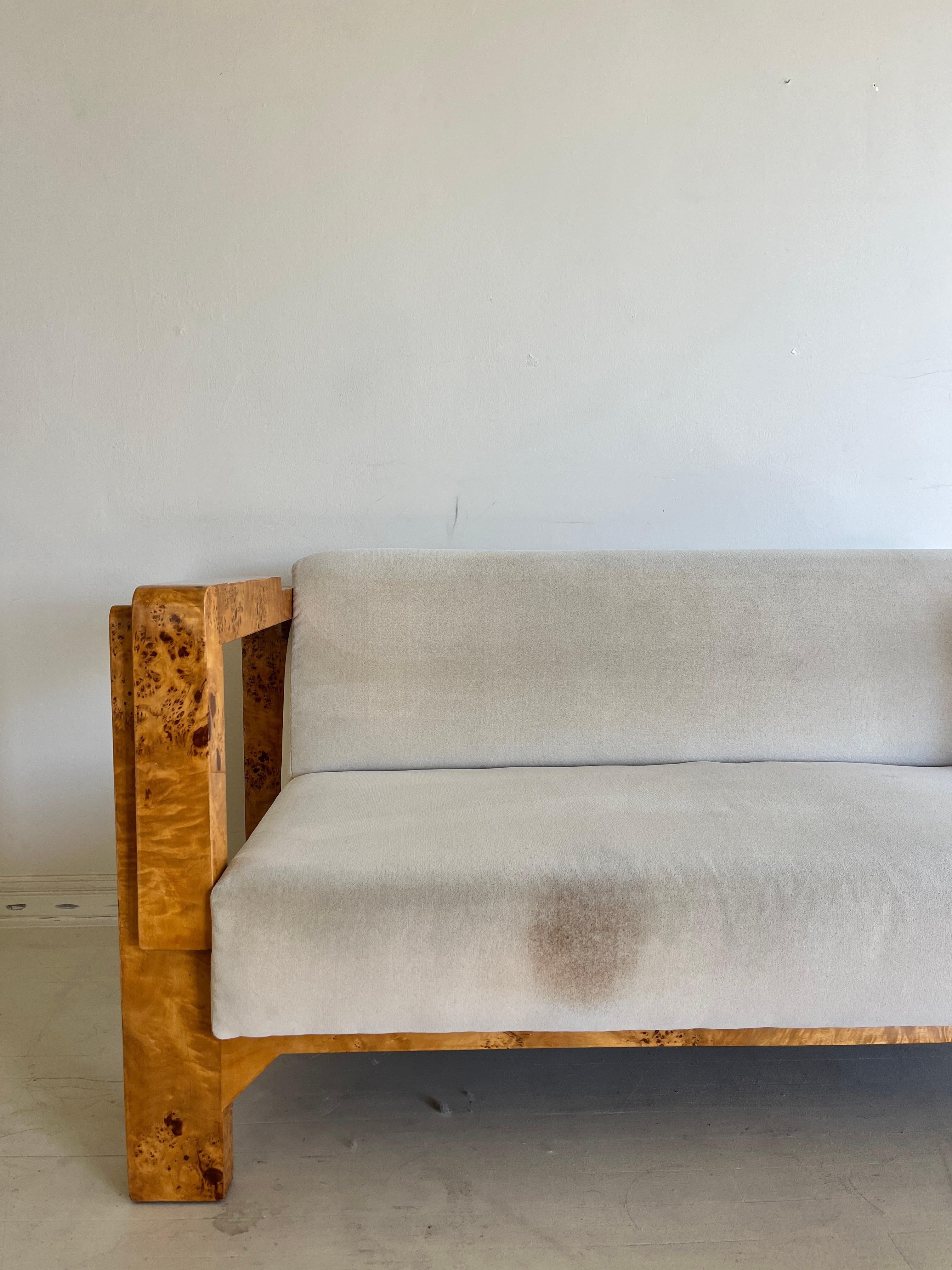 Art Deco Burl Settee in Cream Mohair, Two Available For Sale 3