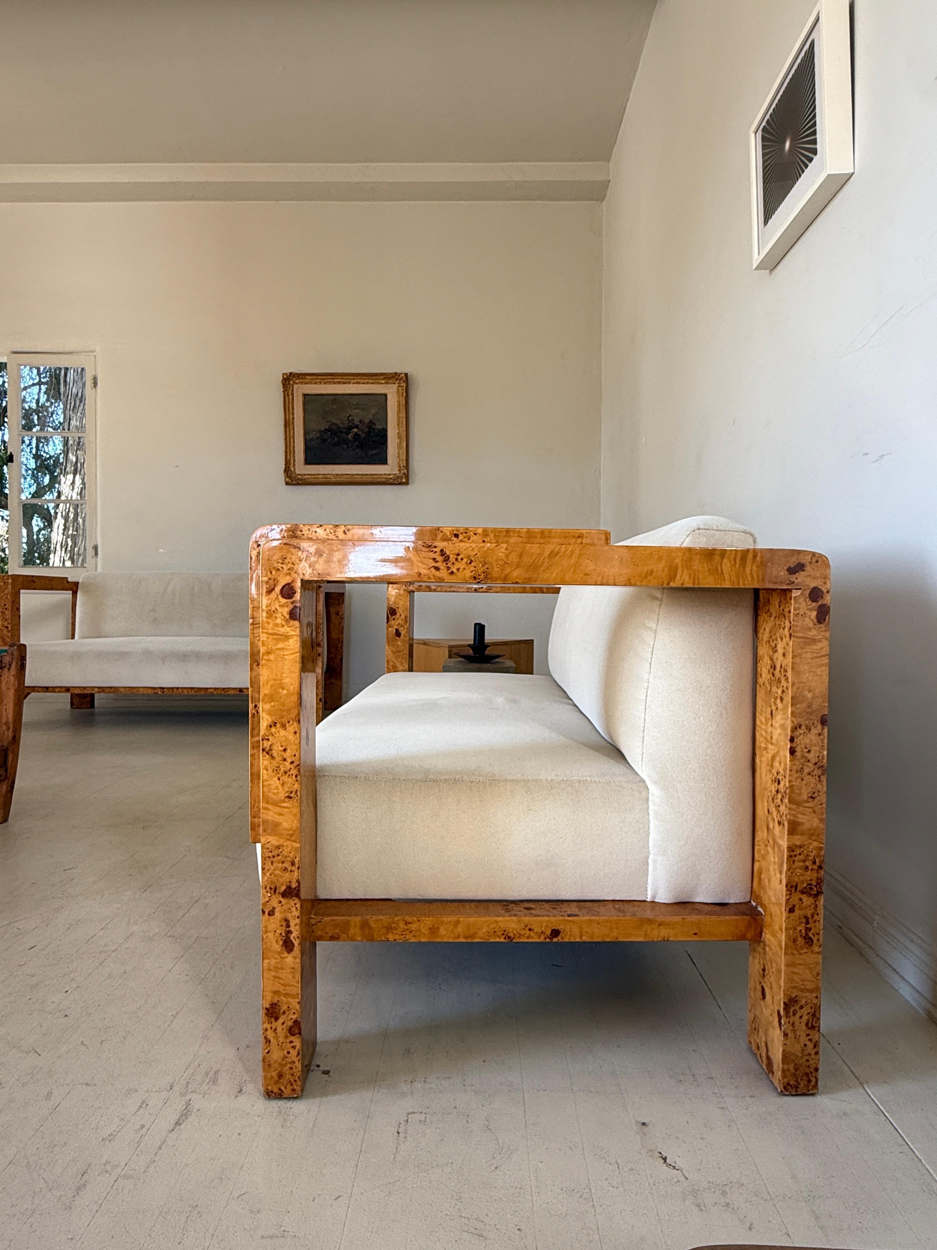 Art Deco Burl Settee in Cream Mohair, Two Available For Sale 4