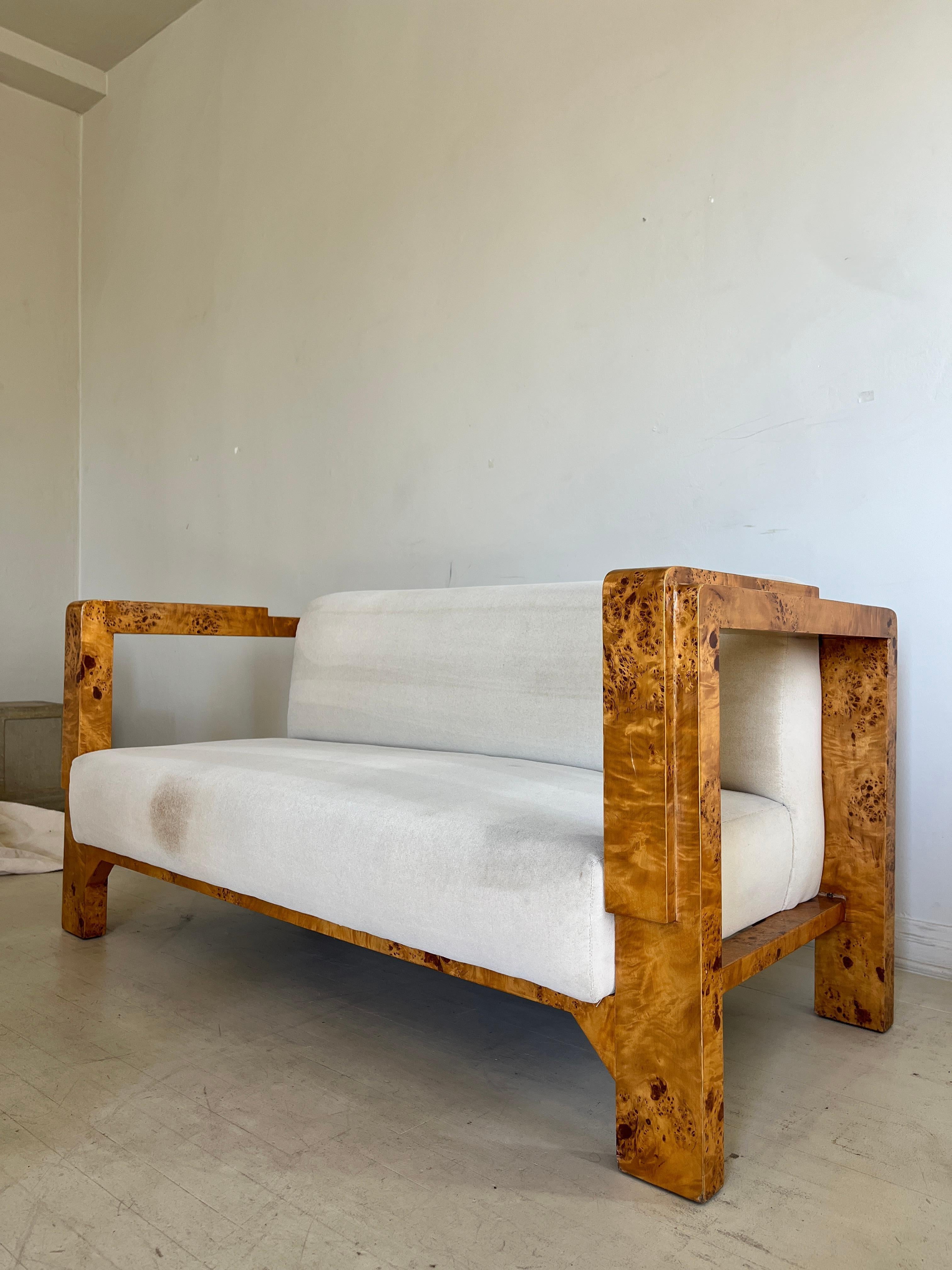 Art Deco Burl Settee in Cream Mohair, Two Available For Sale 5