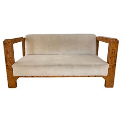 Antique Art Deco Burl Settee in Cream Mohair, Two Available