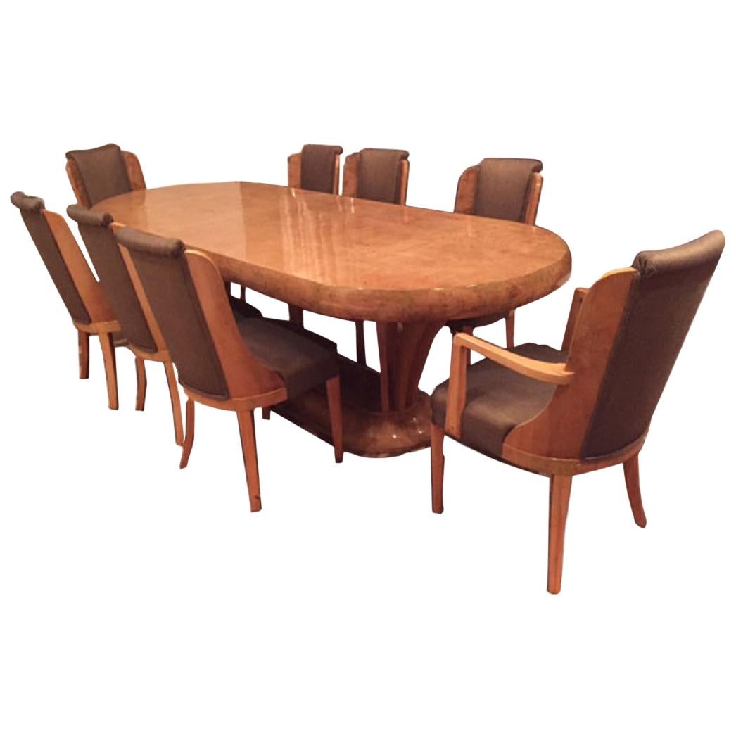 Art Deco Burl Walnut Dinning Room Set Consisting of Table and Eight Chairs