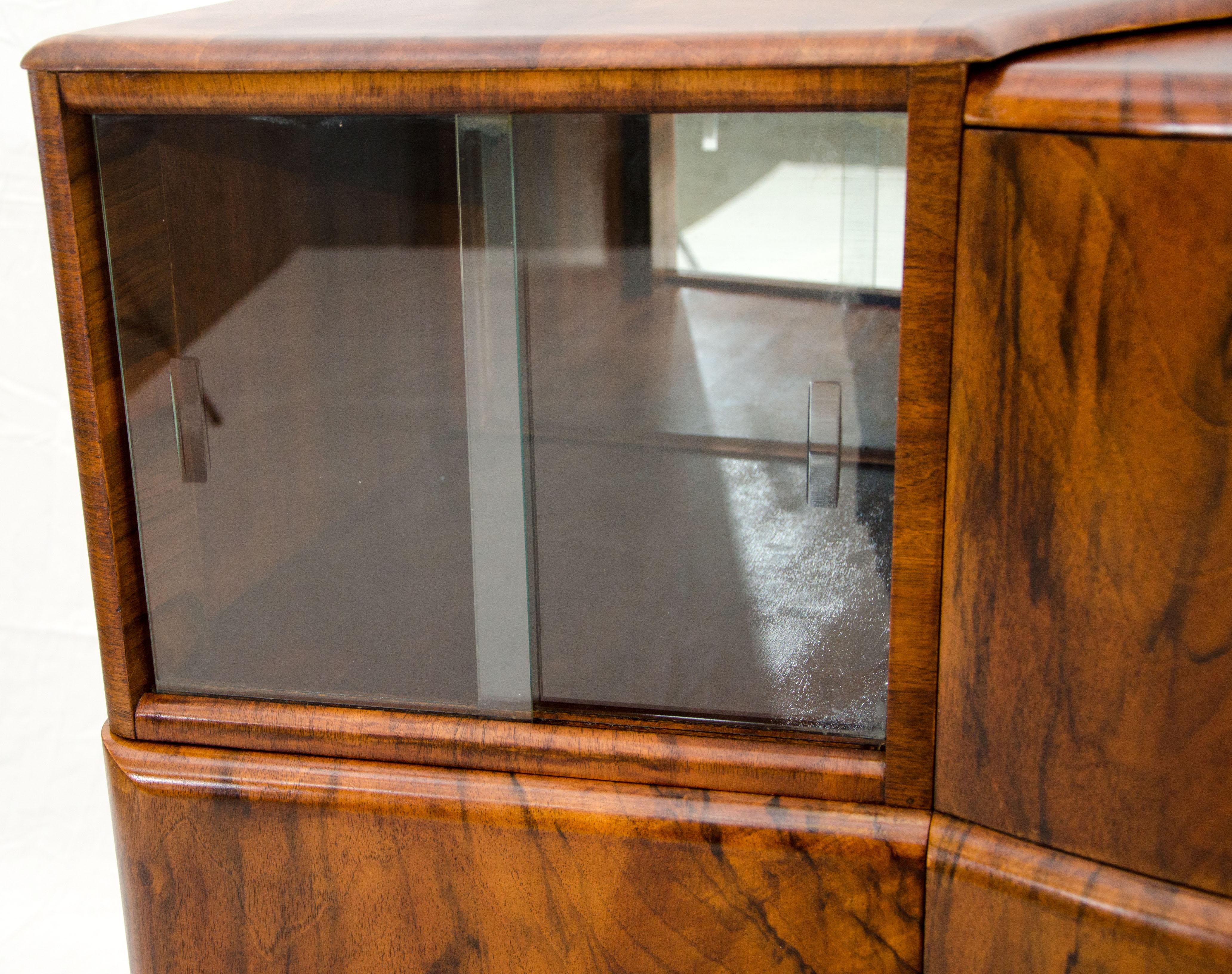 Art Deco Burl Walnut English Bar Cocktail Cabinet, 