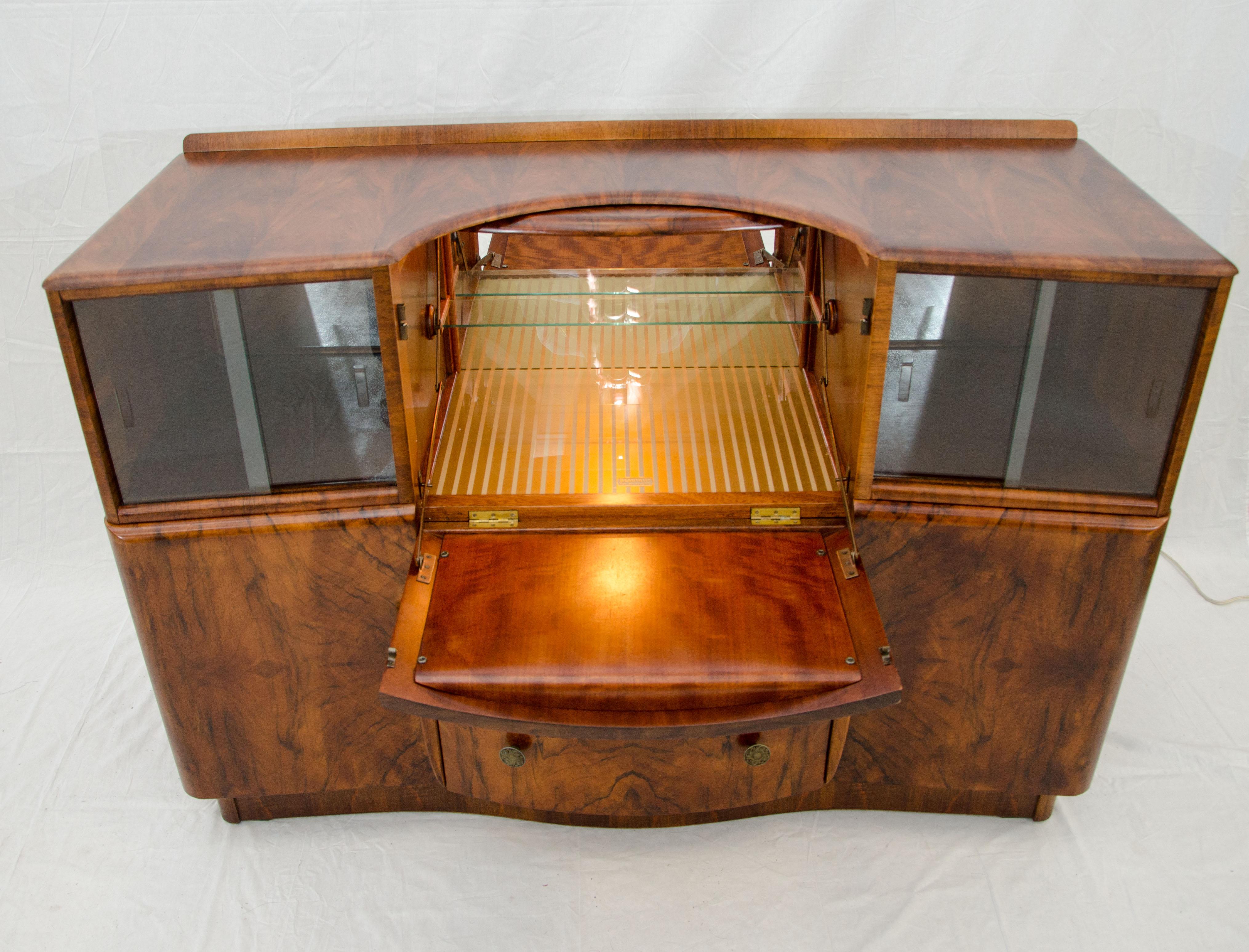 Art Deco Burl Walnut English Bar Cocktail Cabinet, 