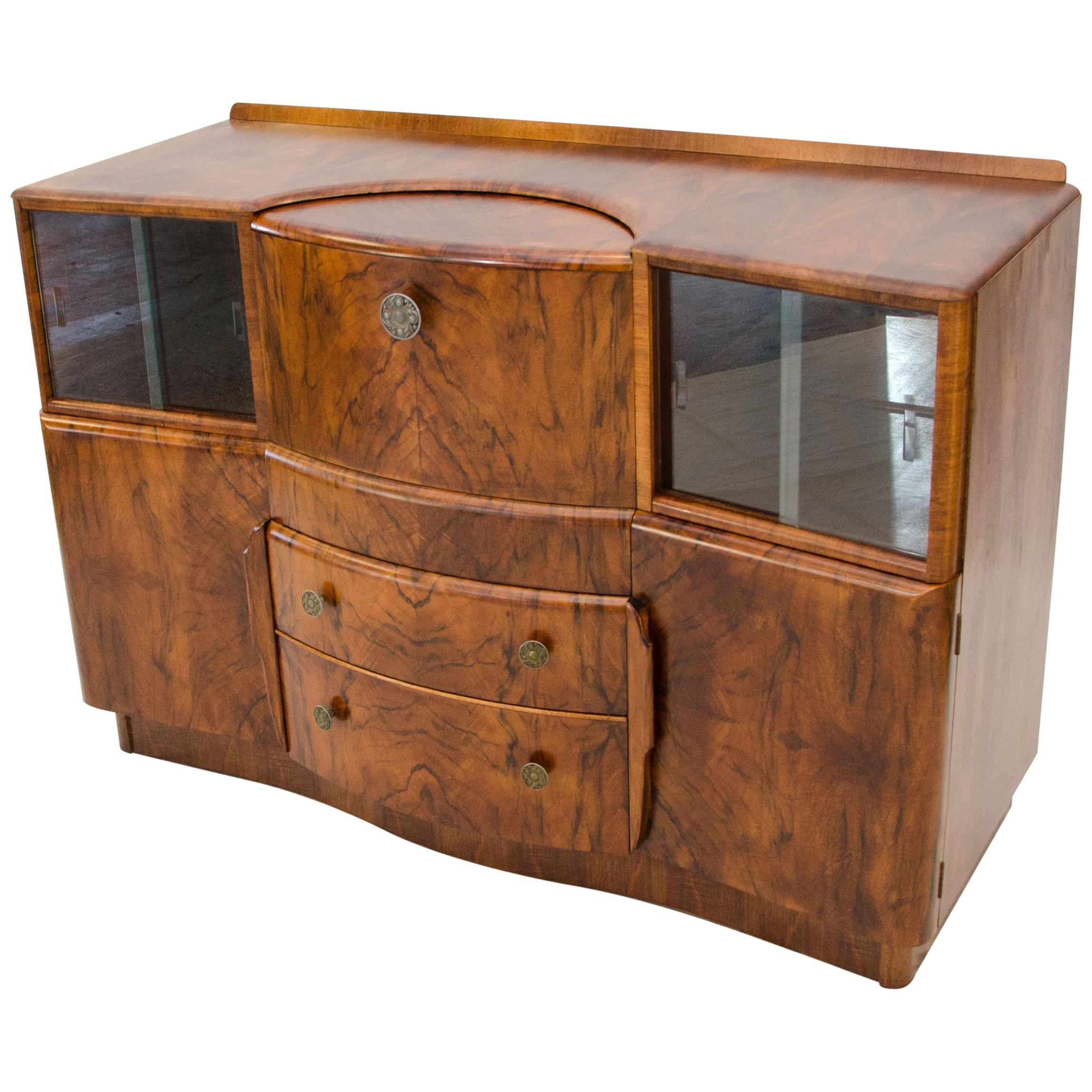 Art Deco Burl Walnut English Bar Cocktail Cabinet, "Beautility"