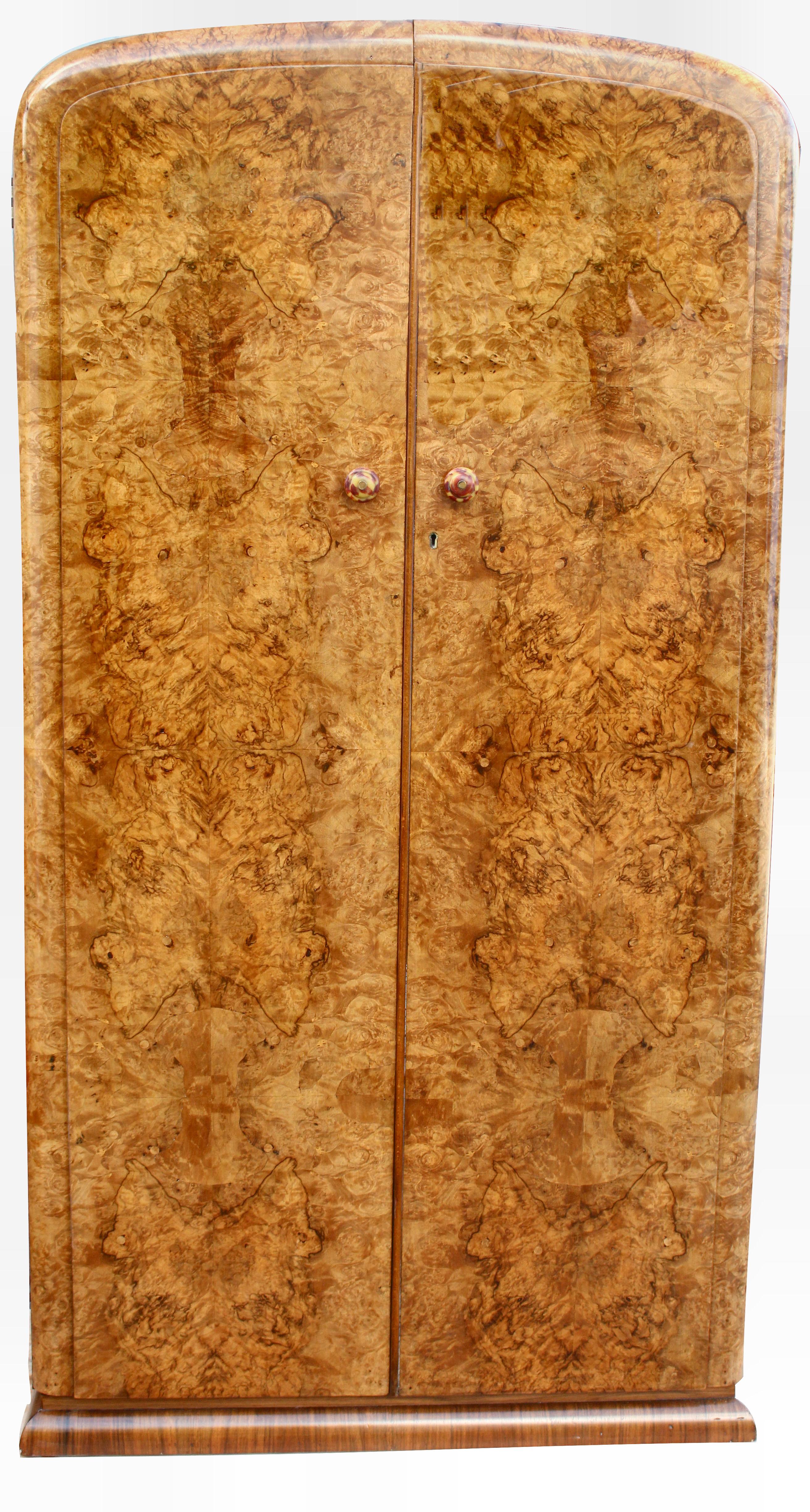 Art Deco Burl Walnut Single Wardrobe, circa 1930, English In Good Condition In Devon, England
