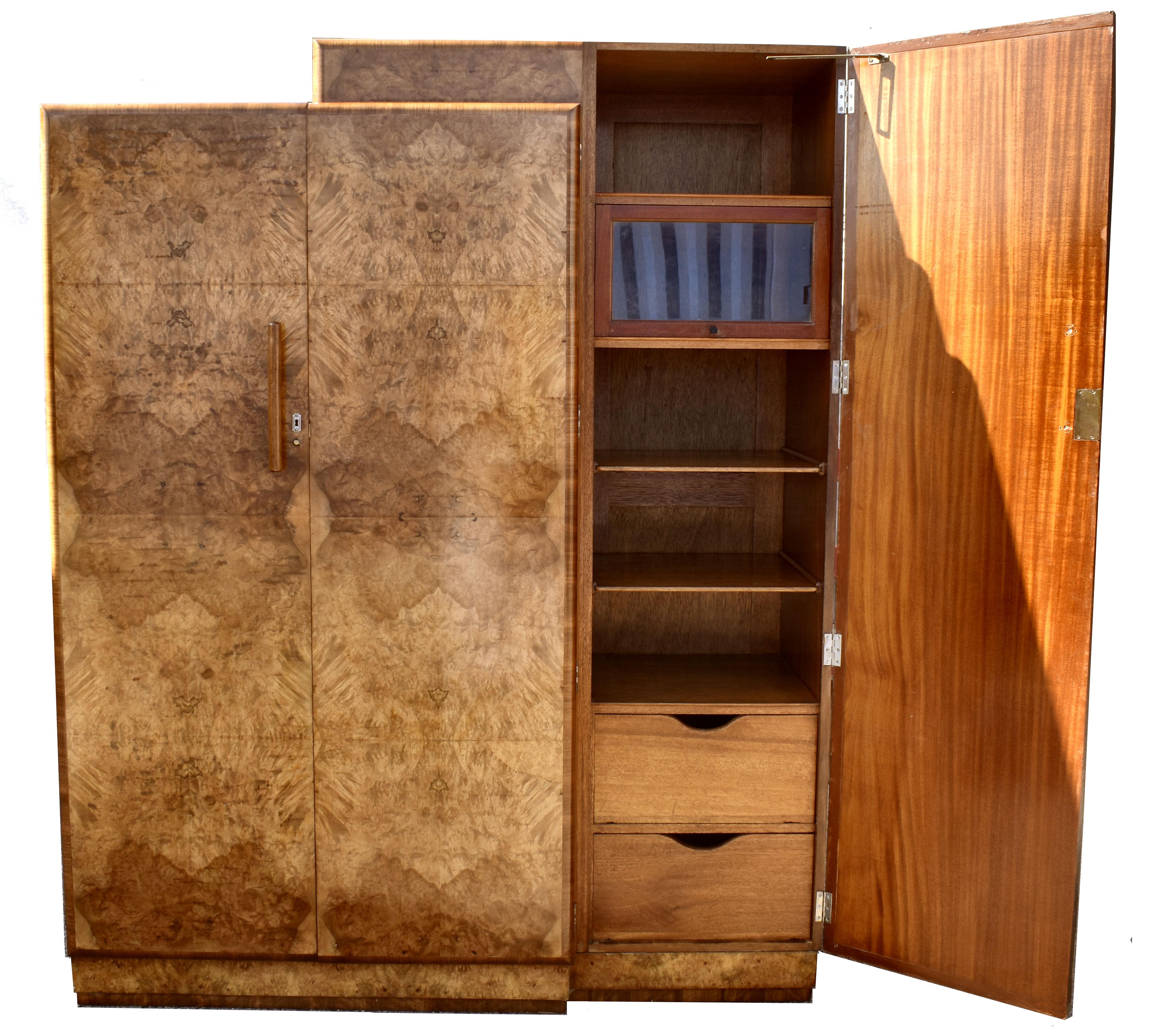 Art Deco Burl Walnut Two Tier Double Wardrobe, c1930 4