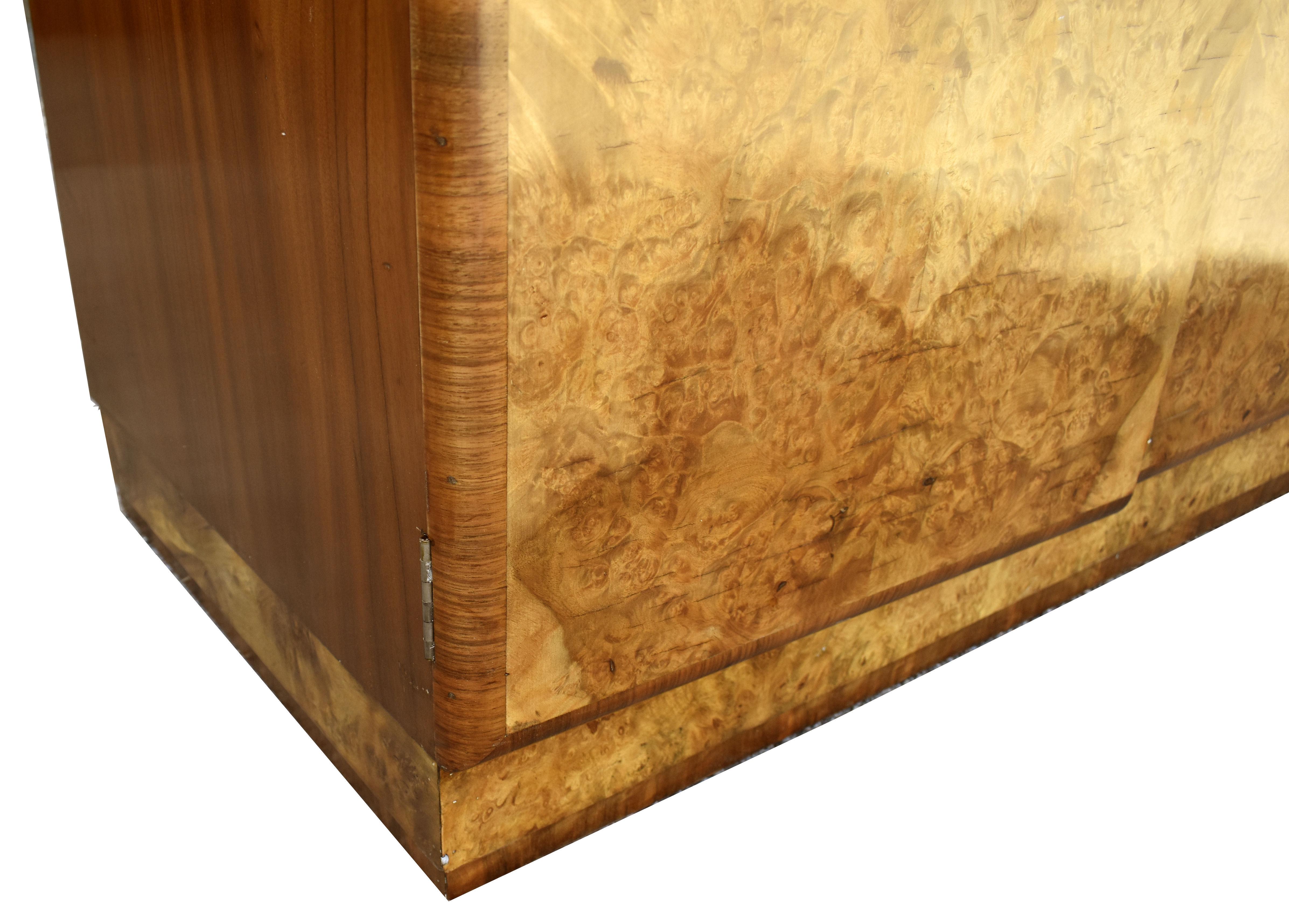 English Art Deco Burl Walnut Two Tier Double Wardrobe, c1930