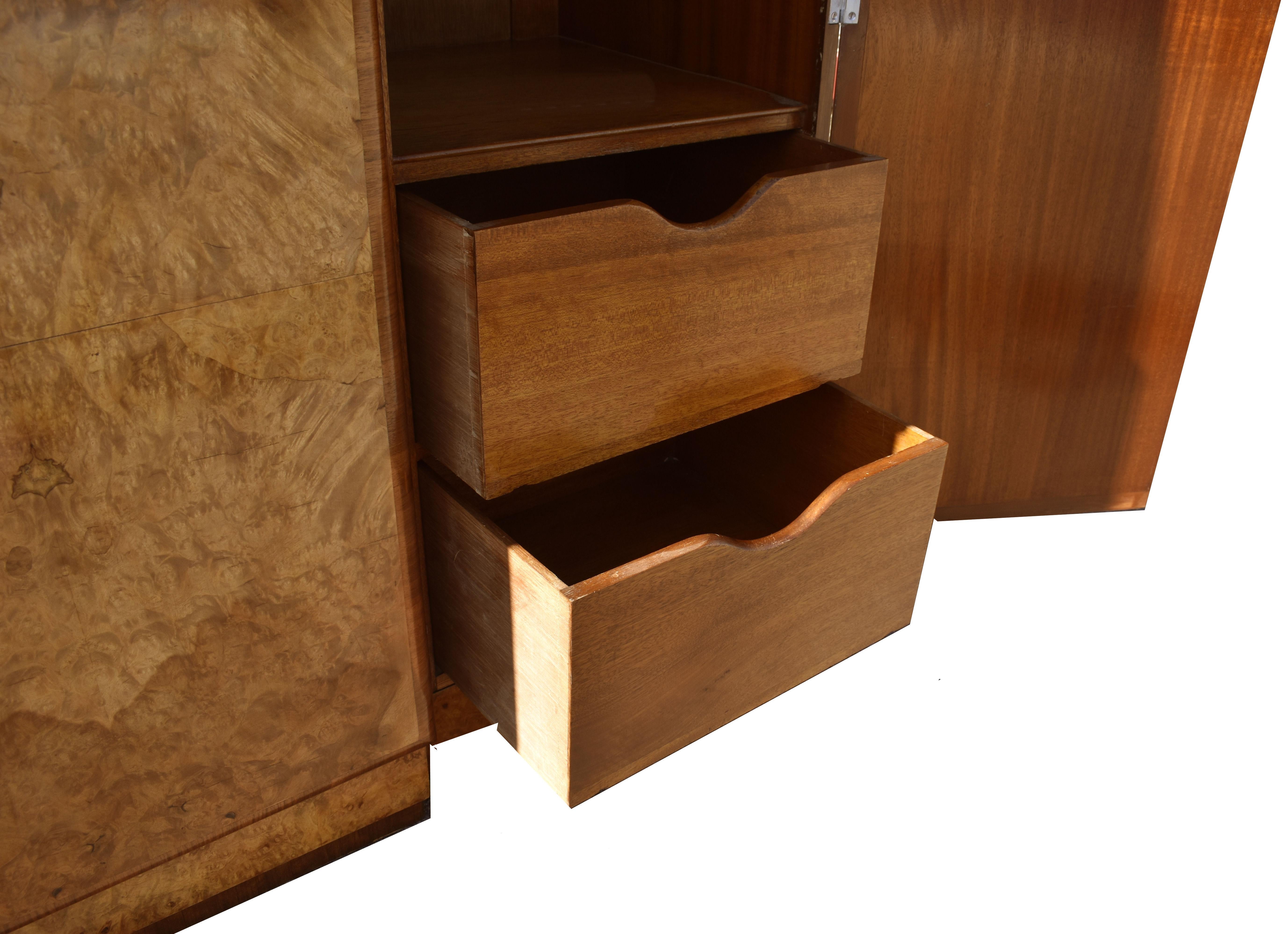 Art Deco Burl Walnut Two Tier Double Wardrobe, c1930 3