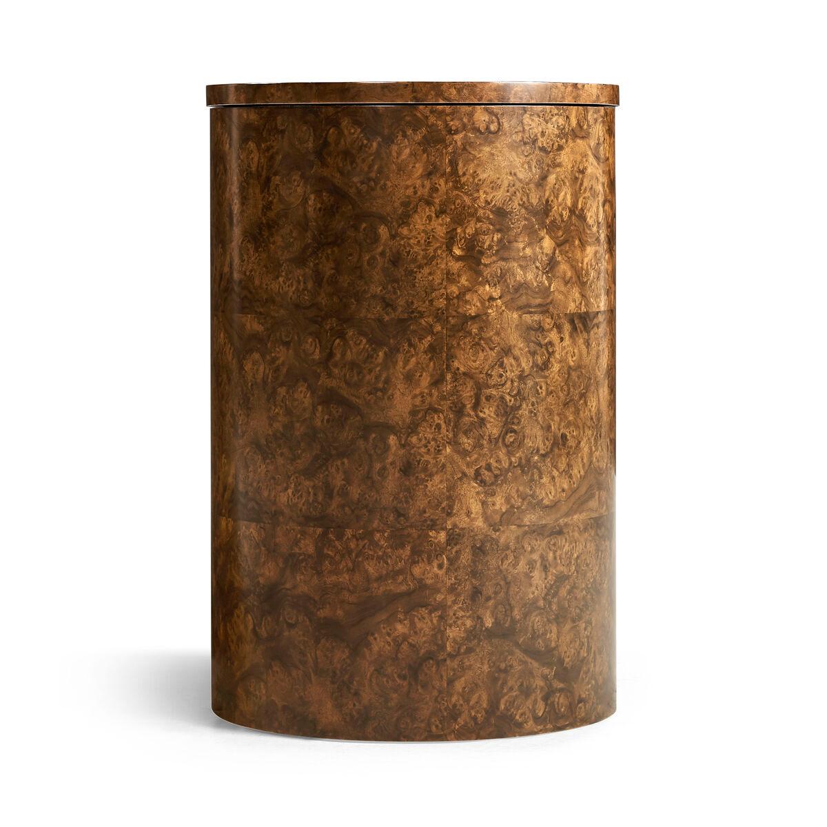 
This exquisite piece captivates with its compact, rounded silhouette, elegantly clad in book-matched burl walnut veneers, boasting a deep, swirling pattern that whispers stories of luxury and vintage allure.

The table's pièce de résistance is its