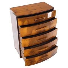 Vintage Art Deco Burl Wood Bow Front 5 Drawers High Chest Dresser Cabinet Mint!