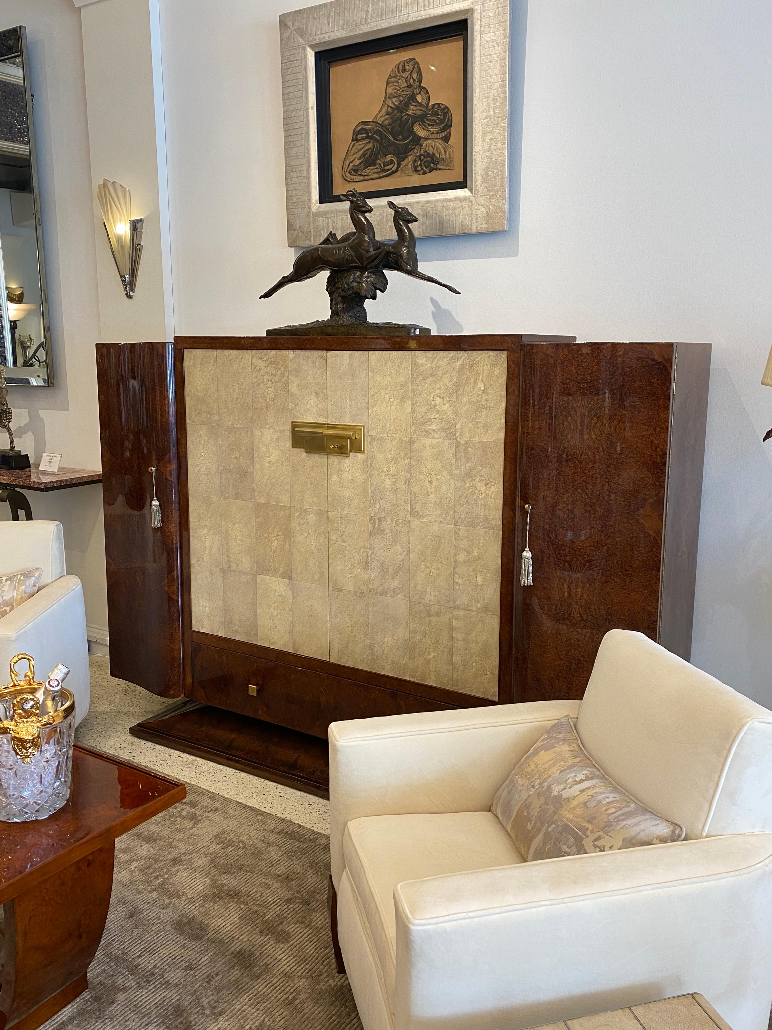 Art Deco Burl Wood and Shagreen Cabinet by Maison Dominique Paris For Sale 1