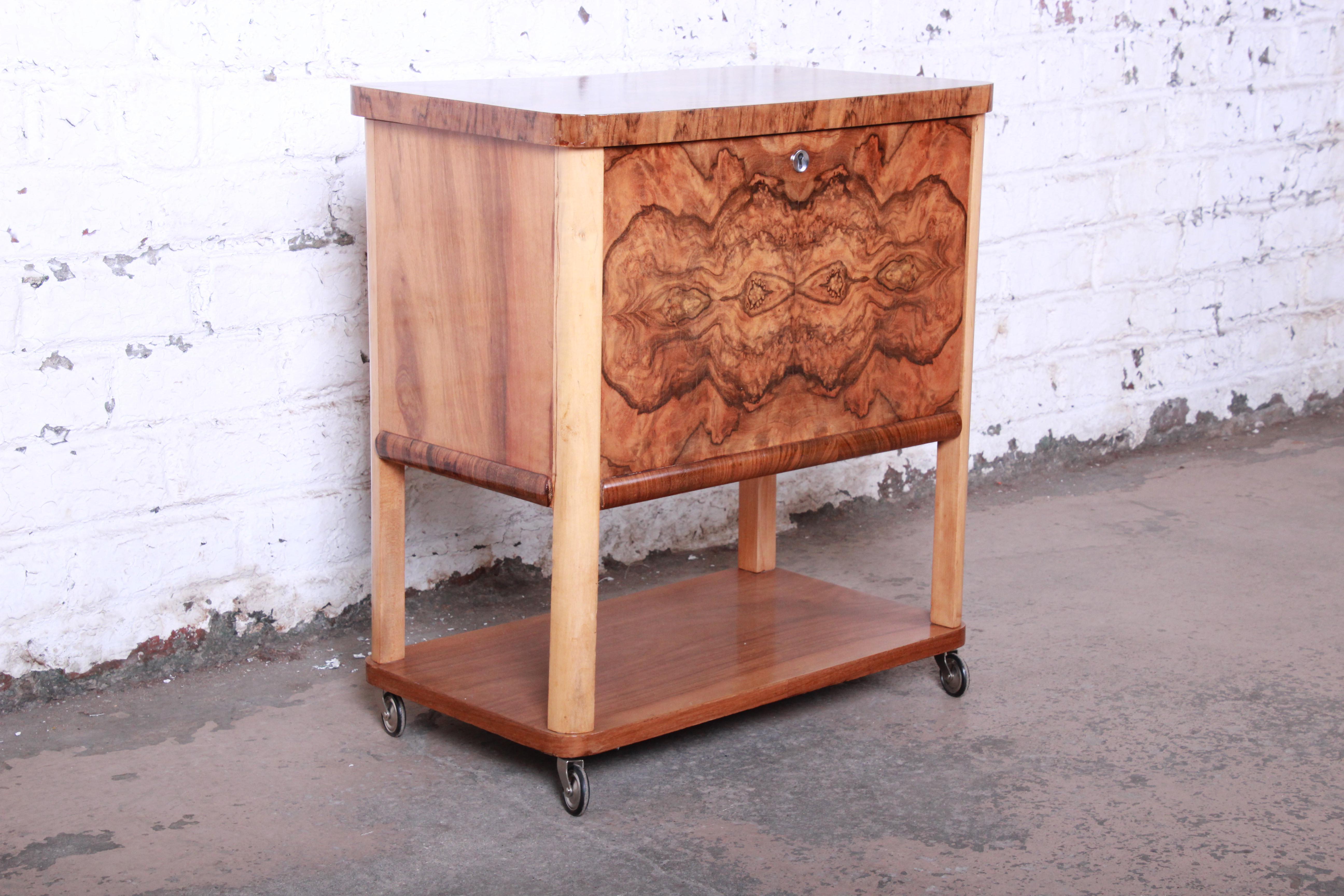 Art Deco Burlwood Rolling Bar Cart In Good Condition In South Bend, IN