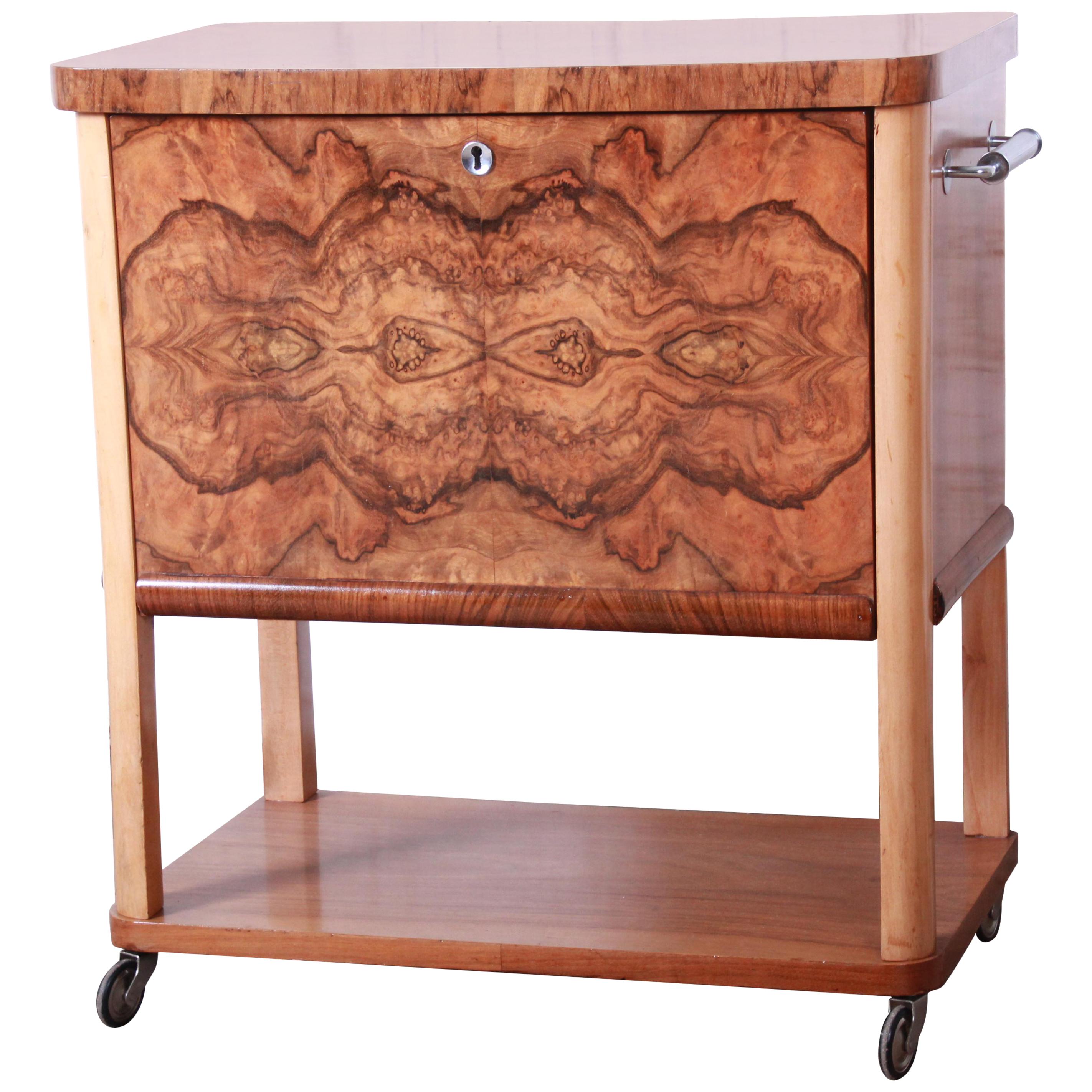 Art Deco Burlwood Rolling Bar Cart