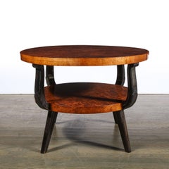Art Deco Burled Acacia & Black Lacquer Two Tier Scroll Form Cocktail Table