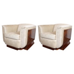 Art Deco Burled Bookmatched Walnut Club Chairs in Gauffraged Pierre Frey Velvet