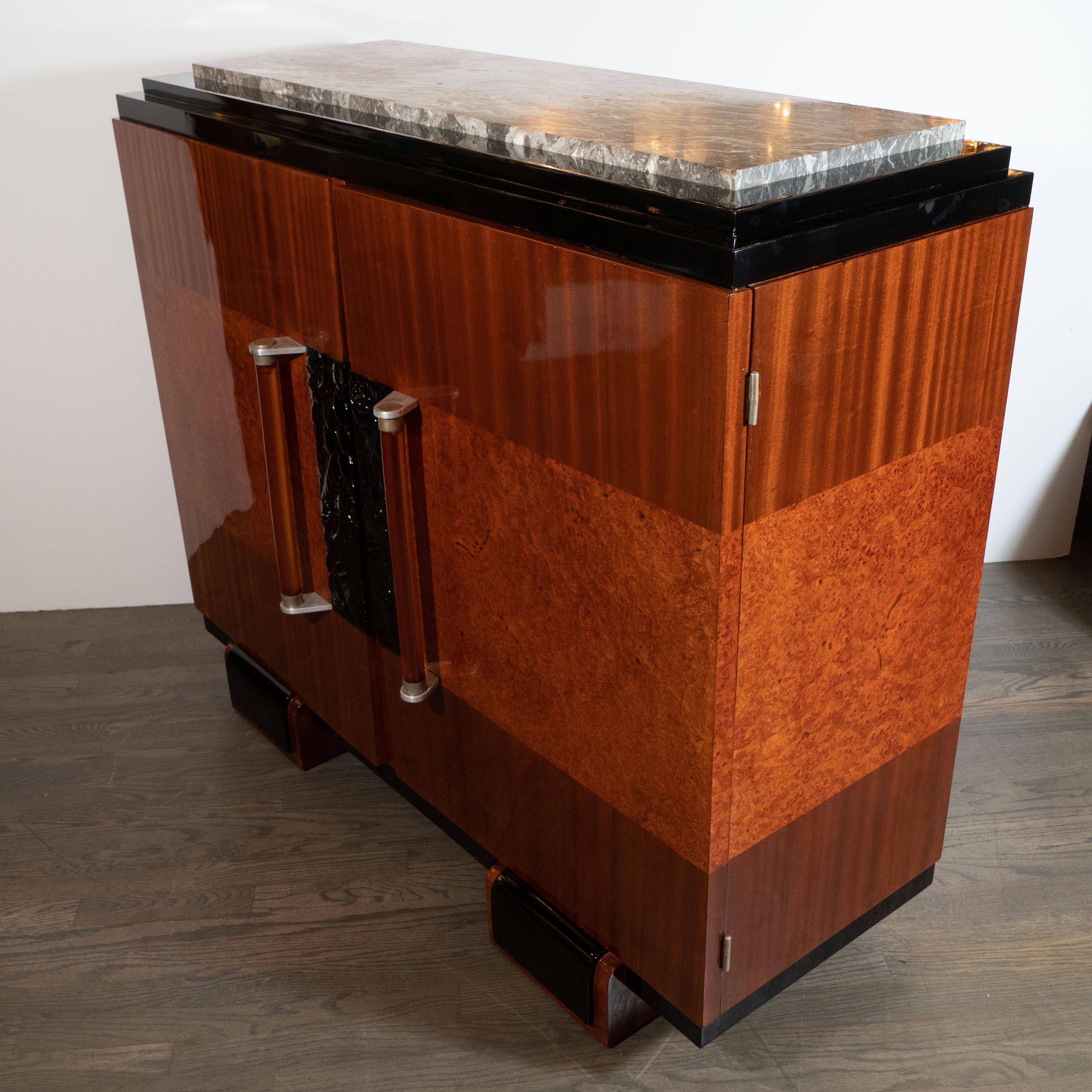 Mid-20th Century Art Deco Burled Carpathian Elm, Lacquer, Grey Exotic Marble and Mahogany Cabinet