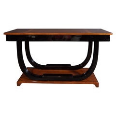 Art Deco Burled Walnut, Lacquer and Rosewood Console Table with Walnut Marquetry