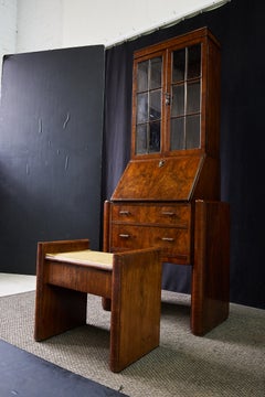 Art Deco Burled Walnut Secretary & Stool by Merryweather Holloway London