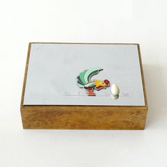 Art Deco Burled Wood and Enameled Metal Lid Box with Cockerel and Egg Motif