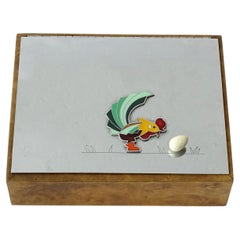 Art Deco Burled Wood and Enameled Metal Lid Box with Cockerel and Egg Motif
