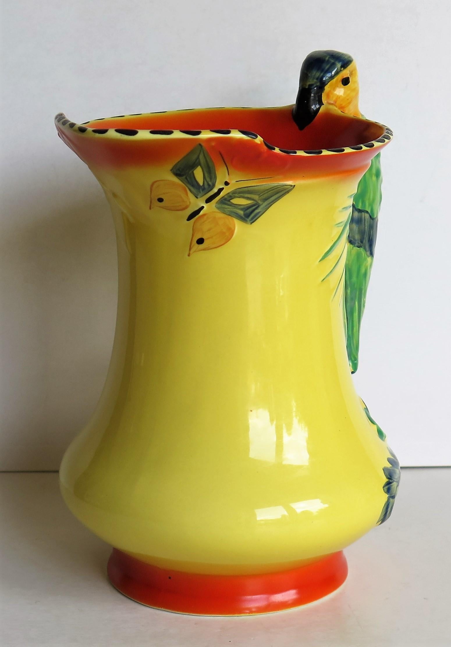 Art Deco Burleigh Ware Pottery Jug or Pitcher Parrot Handle Hand-Painted, 1930s 3