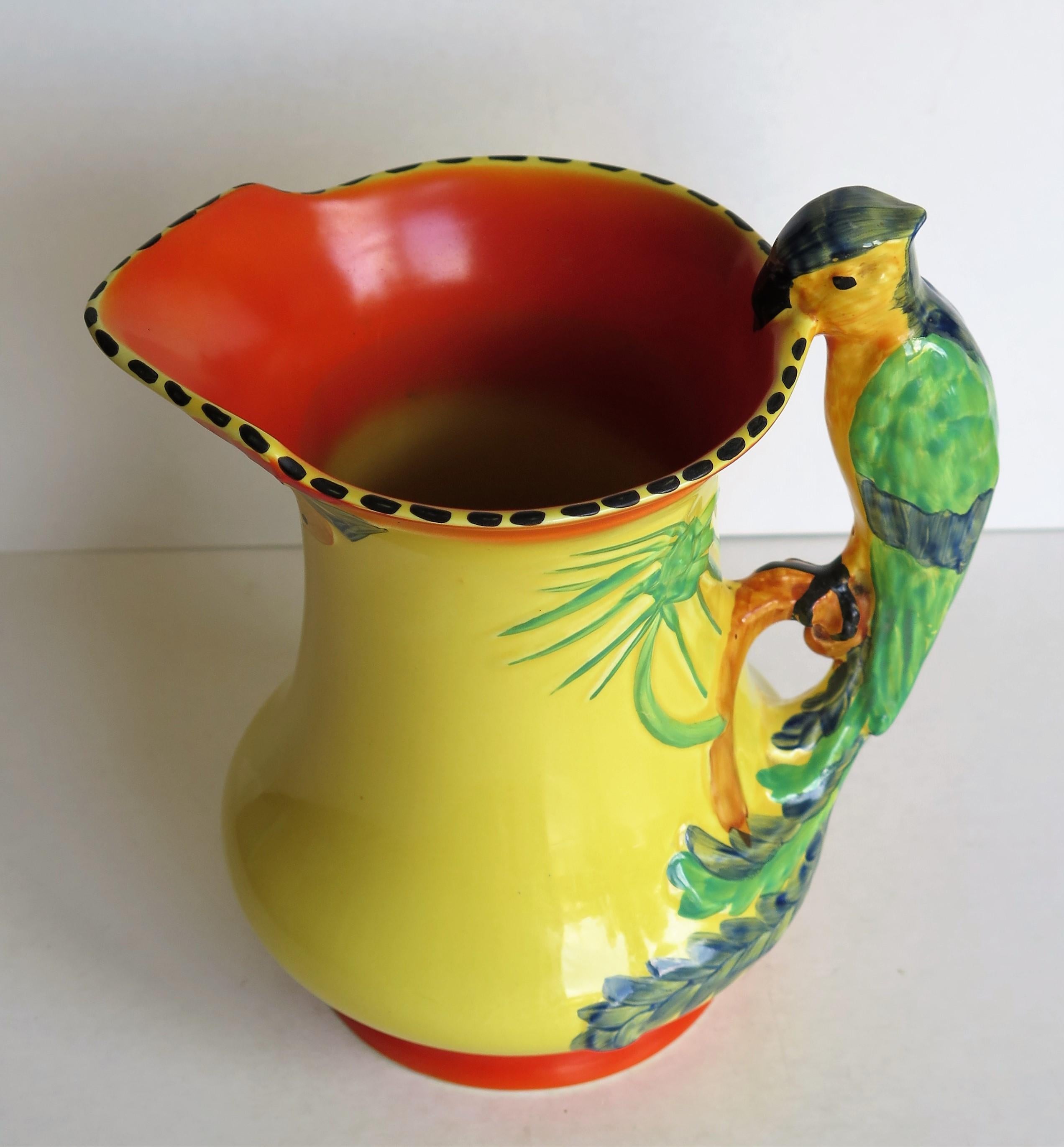 Art Deco Burleigh Ware Pottery Jug or Pitcher Parrot Handle Hand-Painted, 1930s 6