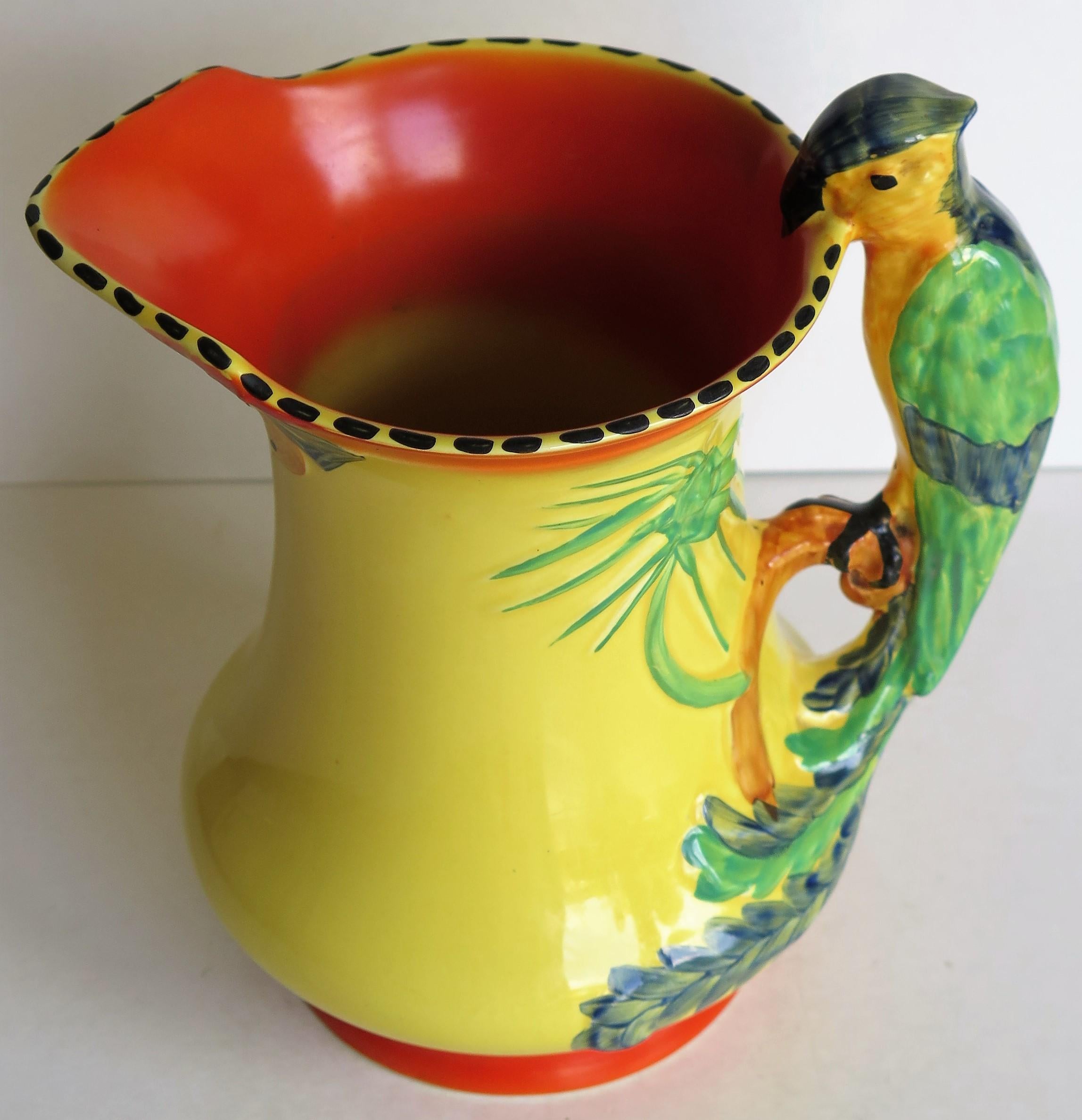 Art Deco Burleigh Ware Pottery Jug or Pitcher Parrot Handle Hand-Painted, 1930s 7