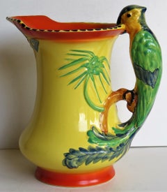 Art Deco Burleigh Ware Pottery Jug or Pitcher Parrot Handle Hand-Painted, 1930s
