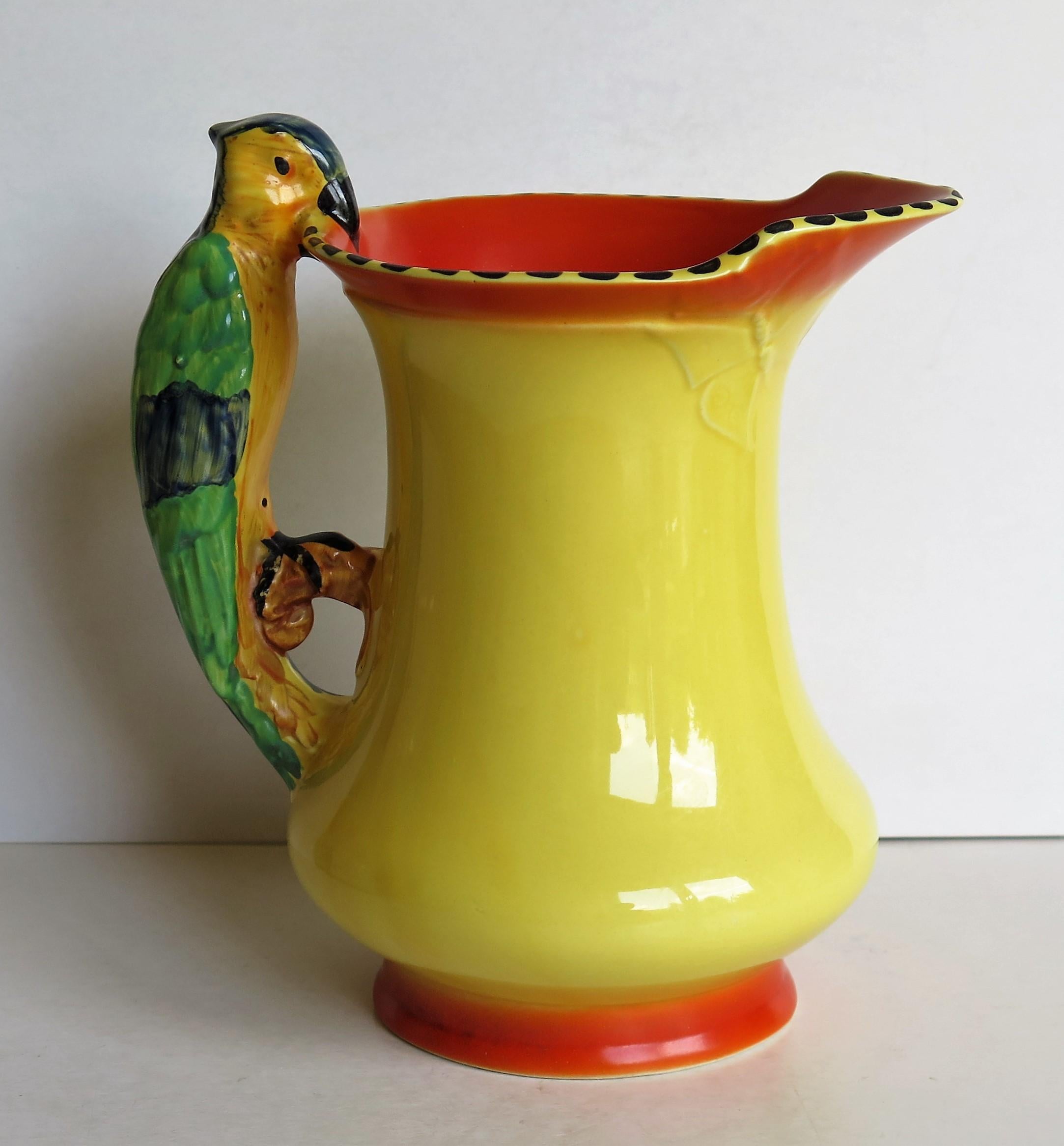English Art Deco Burleigh Ware Pottery Jug or Pitcher Parrot Handle Hand-Painted, 1930s