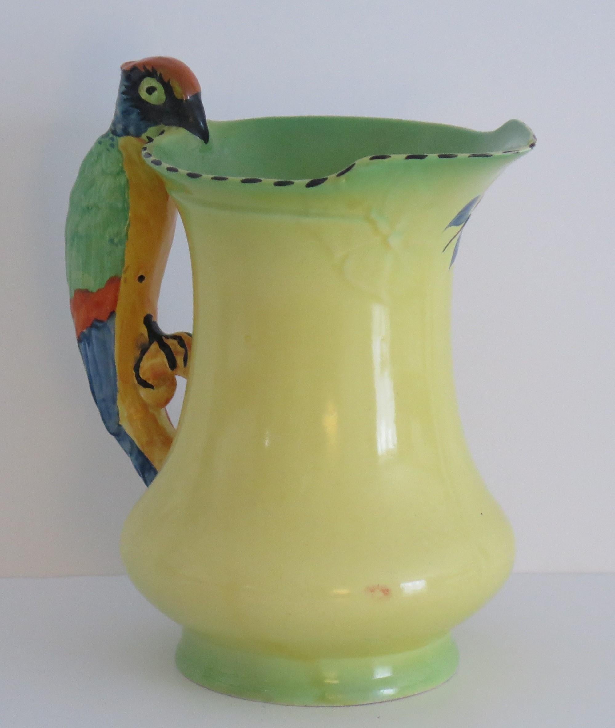 English Art Deco Burleigh Ware Pottery Jug or Pitcher Parrot Handle Hand-Painted, 1930s For Sale