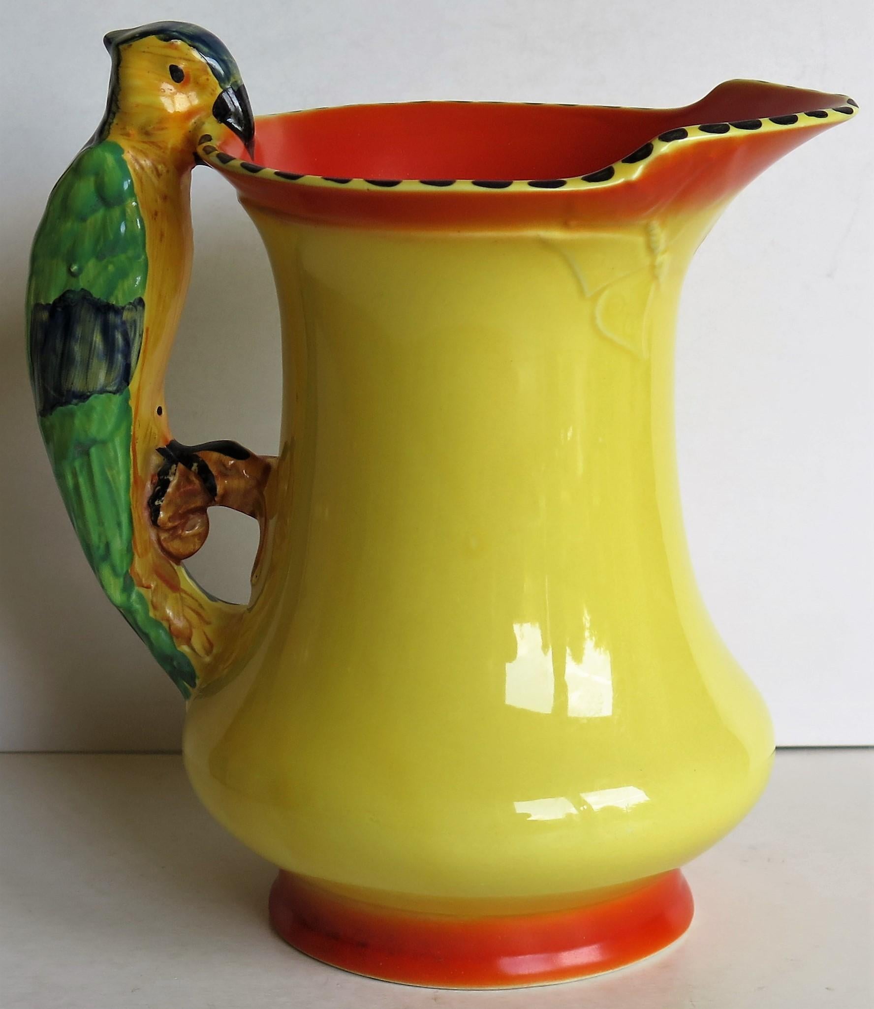 Art Deco Burleigh Ware Pottery Jug or Pitcher Parrot Handle Hand-Painted, 1930s In Good Condition In Lincoln, Lincolnshire