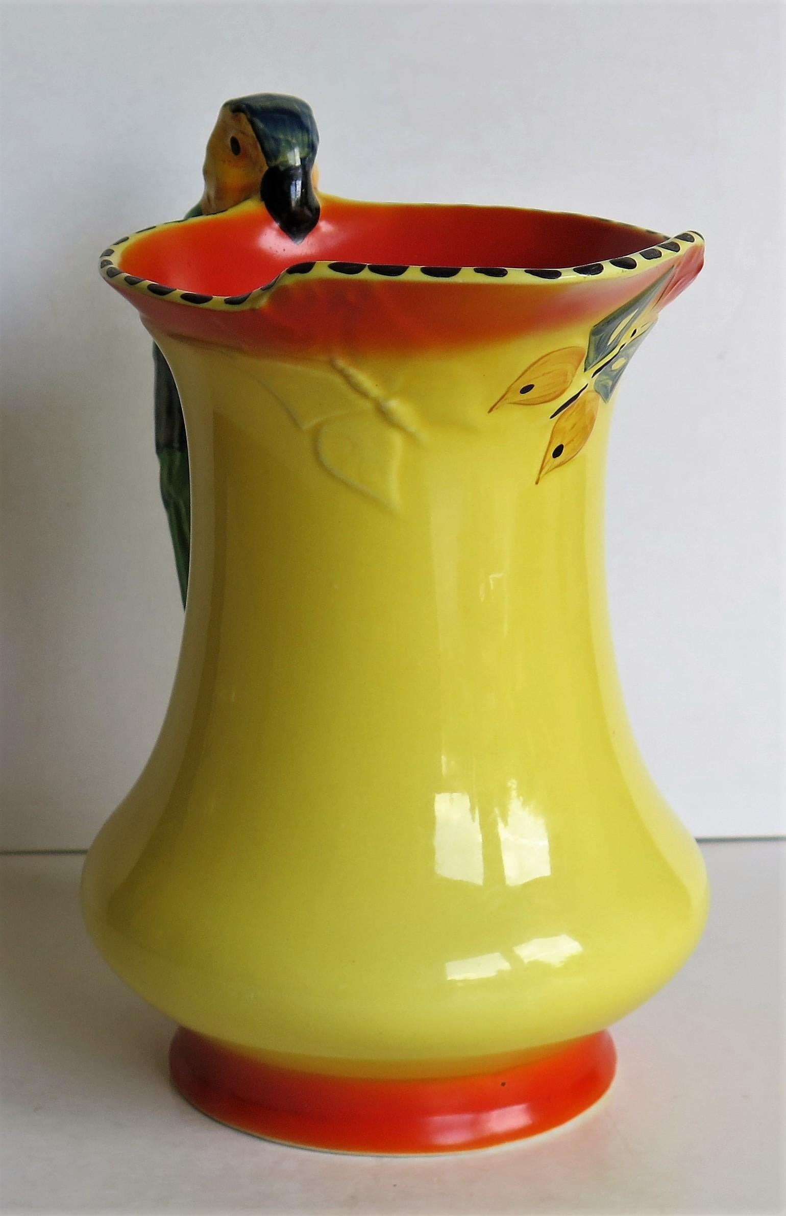 20th Century Art Deco Burleigh Ware Pottery Jug or Pitcher Parrot Handle Hand-Painted, 1930s