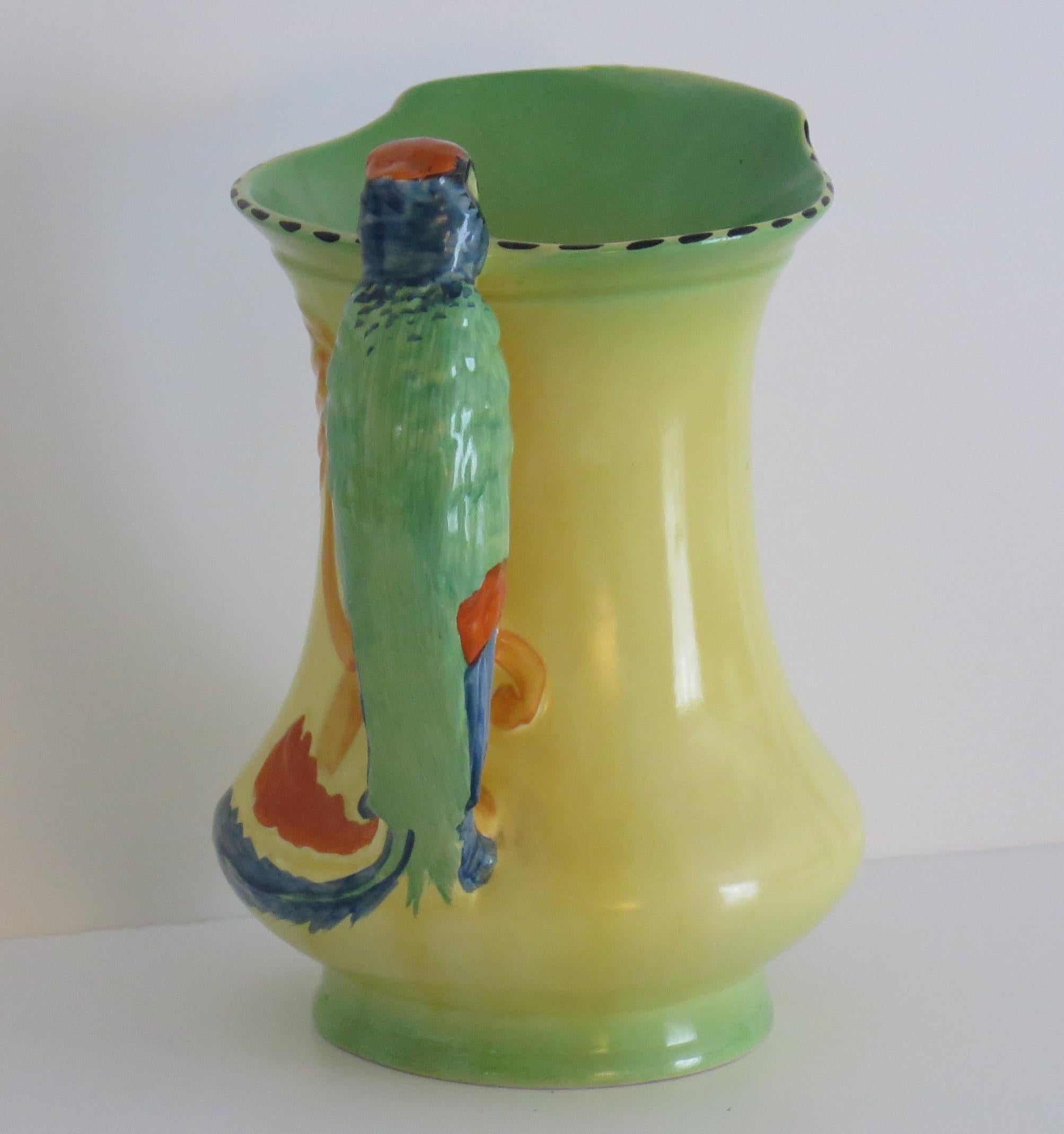 20th Century Art Deco Burleigh Ware Pottery Jug or Pitcher Parrot Handle Hand-Painted, 1930s For Sale