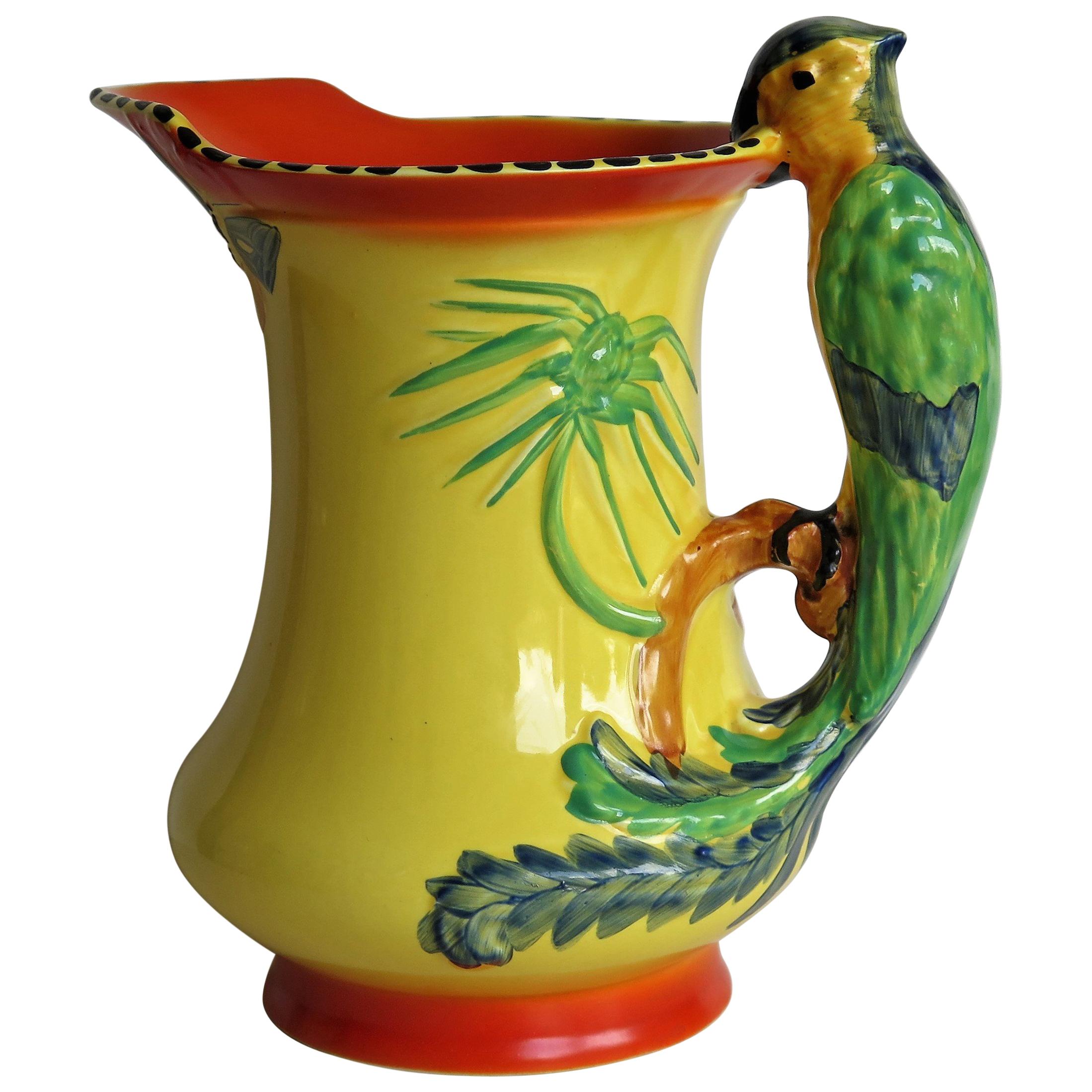 Art Deco Burleigh Ware Pottery Jug or Pitcher Parrot Handle Hand-Painted, 1930s